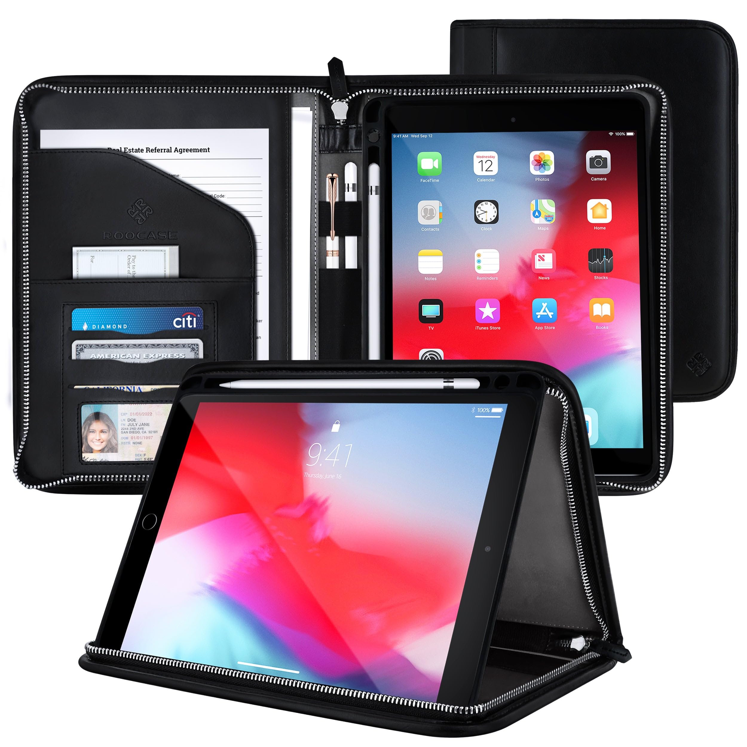 ROOCASE Wilshire Executive Portfolio - Premium Magnetic Leather Case for iPad Air 10.5 (3rd Gen 2019) & iPad Pro 10.5 (2017) with Built-in Organizer & Apple Pencil Holder - Perfect for Business Professionals & Office Use (Black)