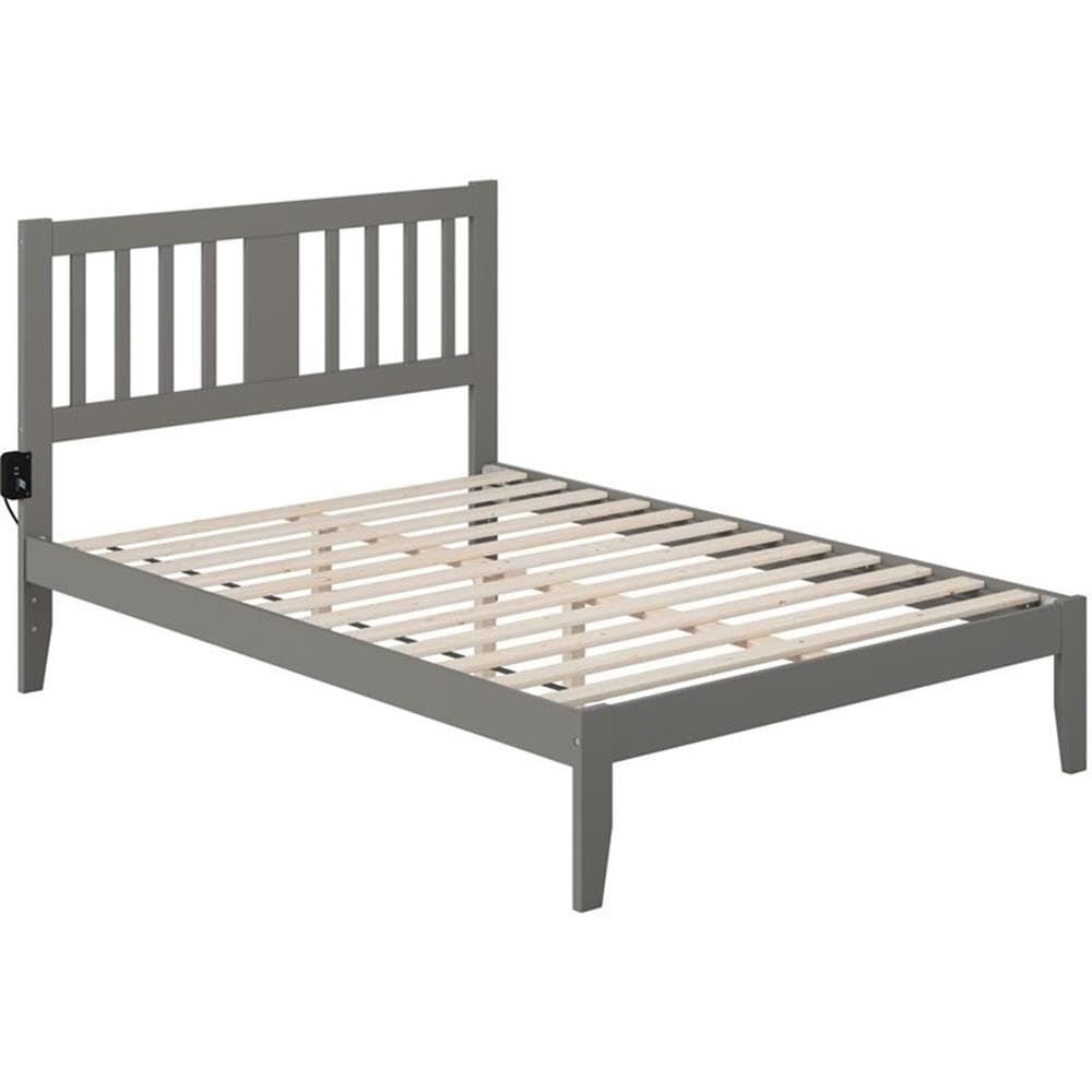 BOWERY HILL Transitional Wood Full Spindle Bed Frame with USB Turbo Charger - Gray Queen Size Bed for Modern Bedroom | Fast Charging Station & Stylish Home Decor