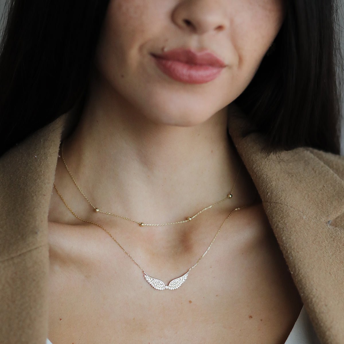 14K Yellow Gold Angel Wing Necklace with Sapphire Accents - Elegant Jewelry Gift for Women, Perfect for Anniversaries, Birthdays & Special Occasions