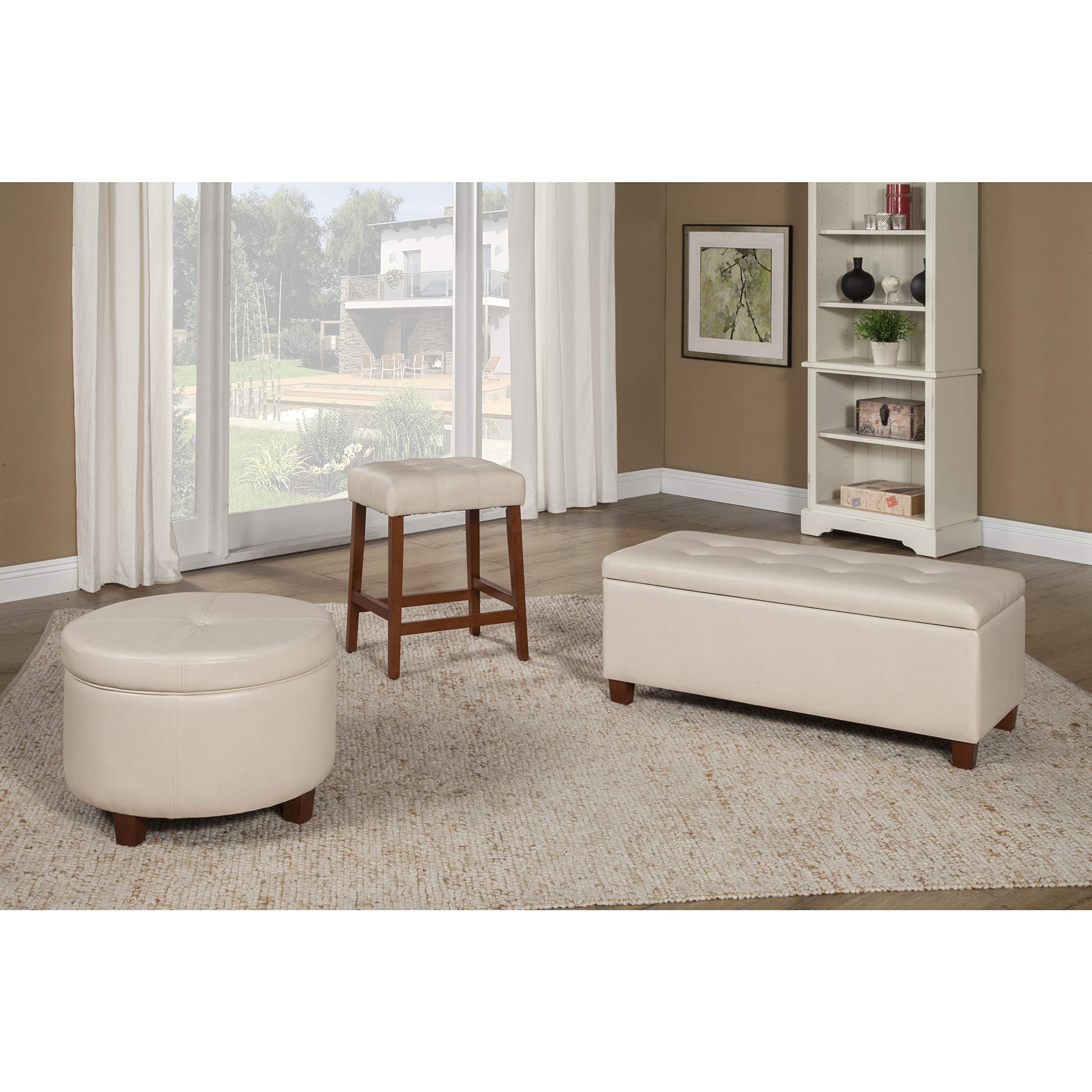 Large Ivory Faux Leather Round Storage Ottoman with Wood Base - Cream Solid Transitional Style Footstool, Pouf & Seat with Foam Cushion - Perfect for Living Room, Bedroom & Home Decor