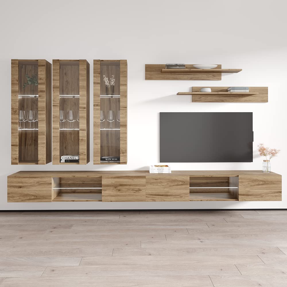 Modern Floating TV Stand with Storage & LED Lights - Wall-Mounted Entertainment Center for Living Room & Bedroom - Oak Wood TV Console with Shelves - Perfect for Small Spaces & Home Theater Setup