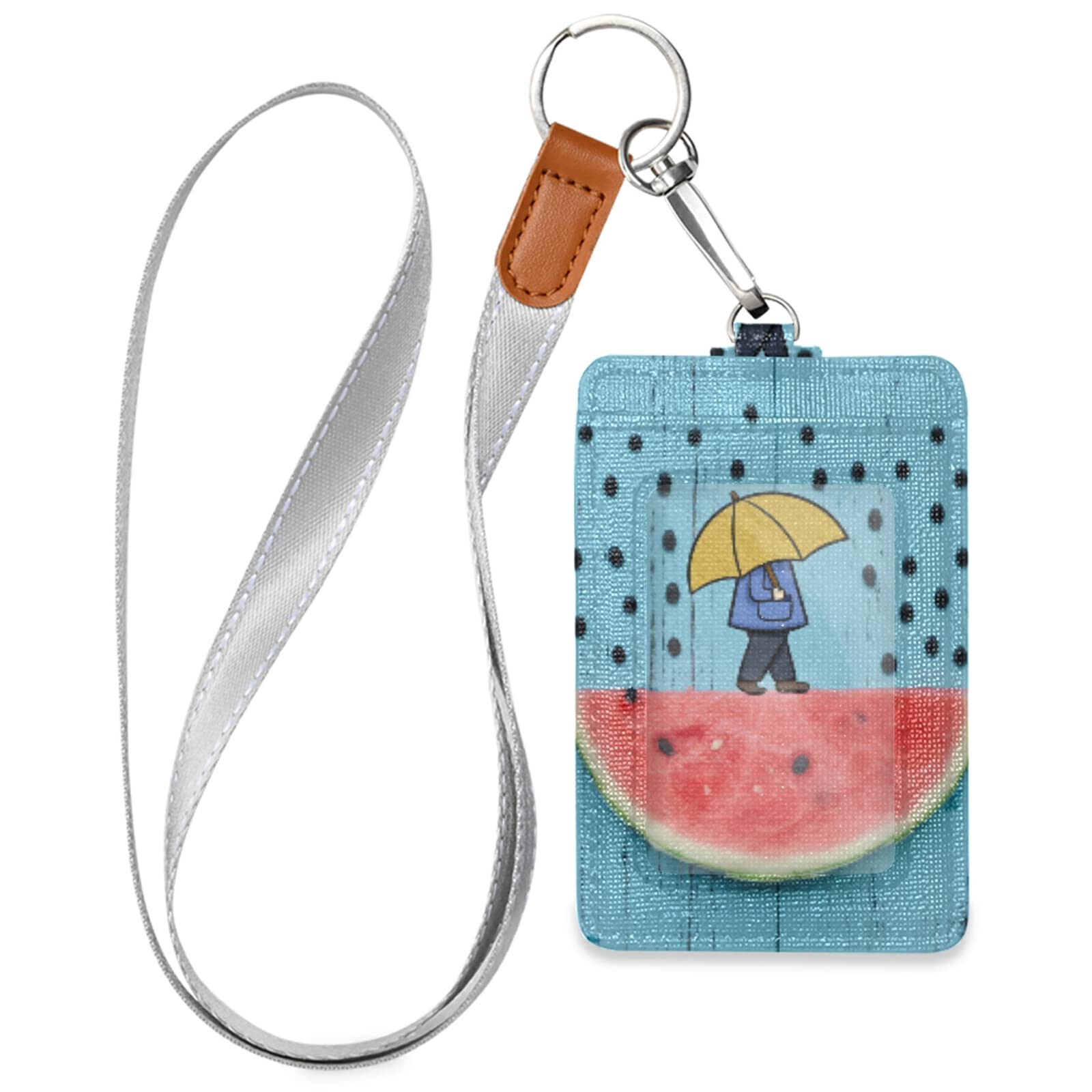 Vertical Leather ID Badge Holder with Lanyard - Watermelon Rain Design for Office & School Staff