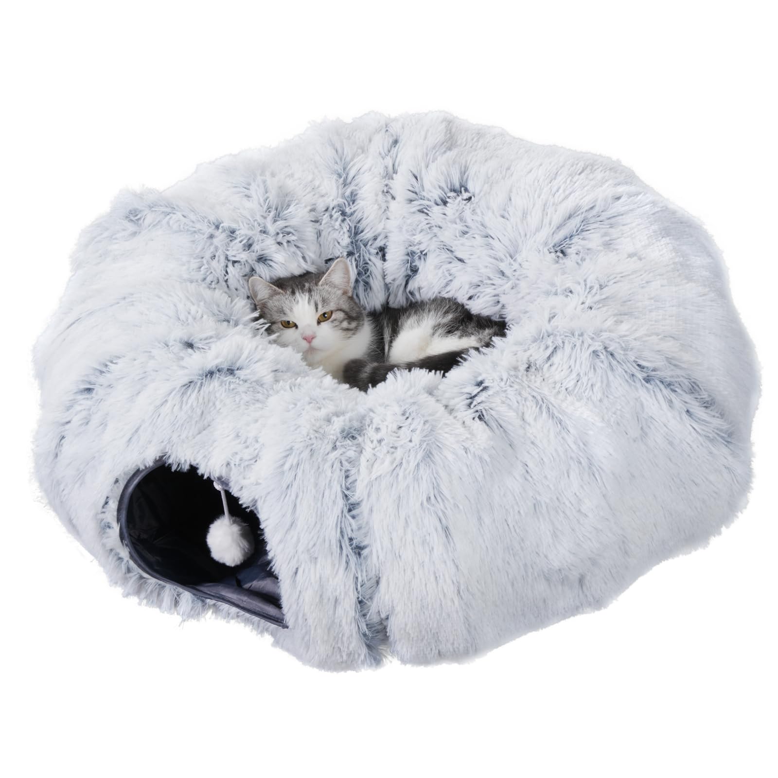 Cat Tunnel Bed for Indoor Cats - Cozy Donut Tunnel Tube Playground with Cat Toys & Balls | Peekaboo Hideaway for Kittens, Rabbits & Ferrets | Includes 6 Extra Snap Fasteners | Perfect for Playtime, Napping & Stress Relief