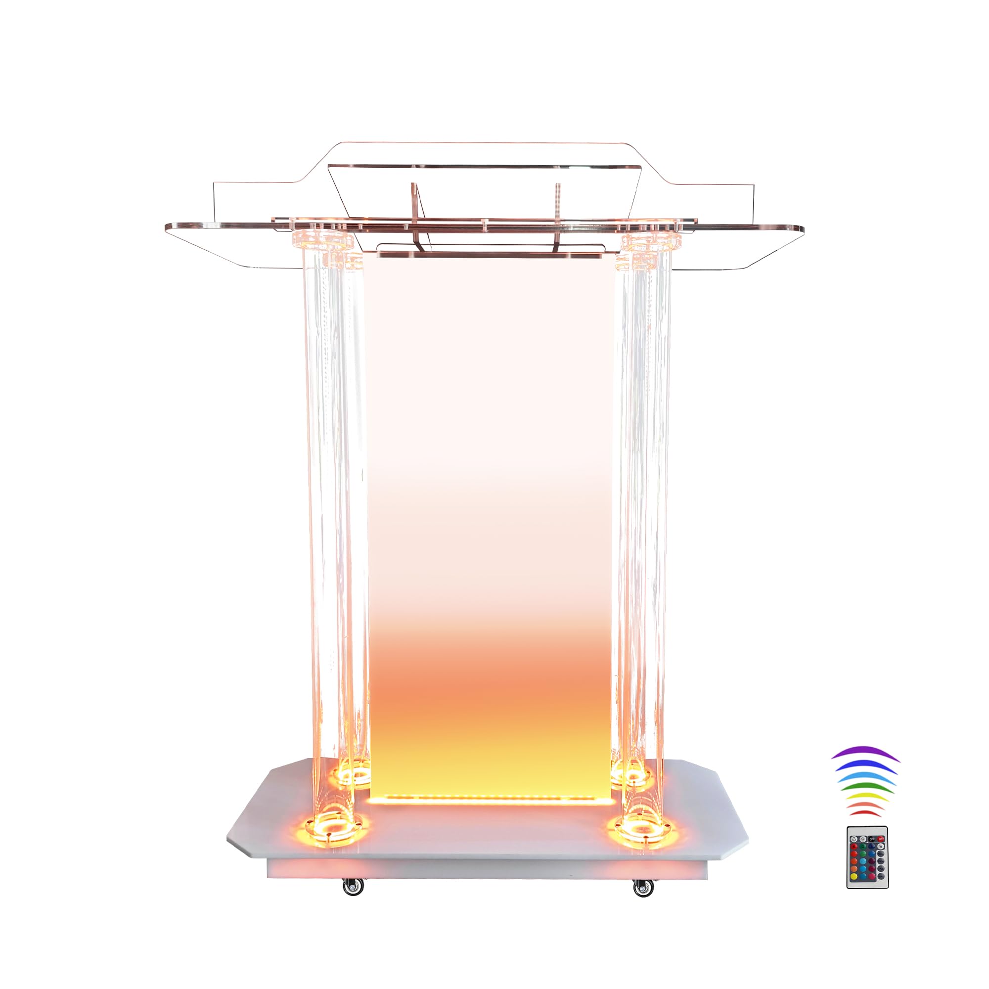 Custom Acrylic Podium Stand with LED Lights & Wheels - Personalized Church Pulpit with Engraved Logo - Portable Lectern for Office, Classroom & Events - Perfect for Sermons, Presentations & Public Speaking