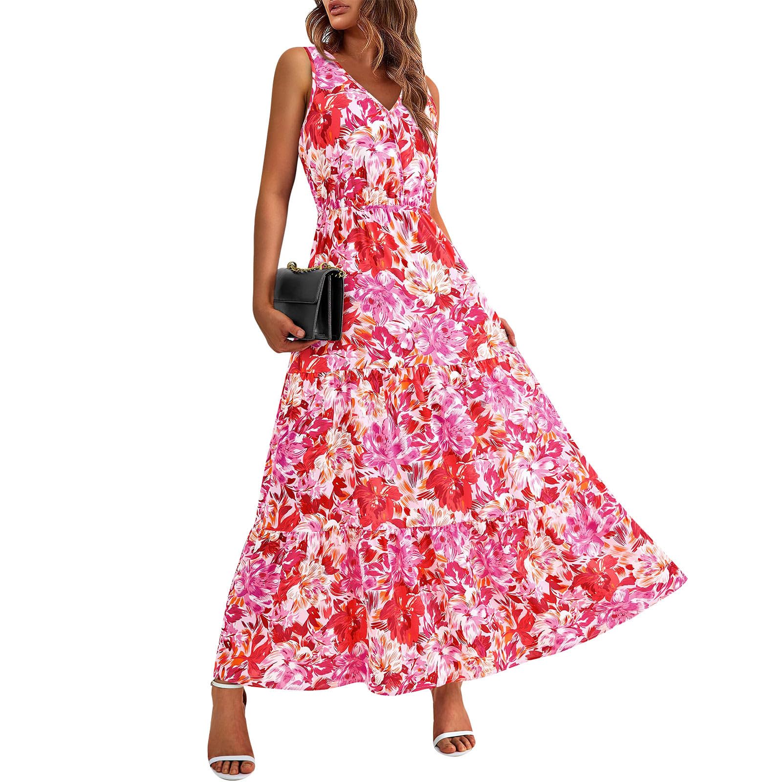 Elegant Floral Sleeveless Maxi Dress for Women - V Neck Tiered Summer Garden Party Dress | Perfect for Weddings, Beach Vacations & Outdoor Events