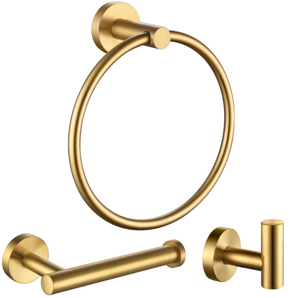 Brushed Gold Hand Towel Ring with Toilet Paper Holder and Robe Hook - Modern Bathroom Accessories Set for Bathroom Storage and Decor - Perfect for Powder Rooms, Guest Baths, and Spa-Style Retreats