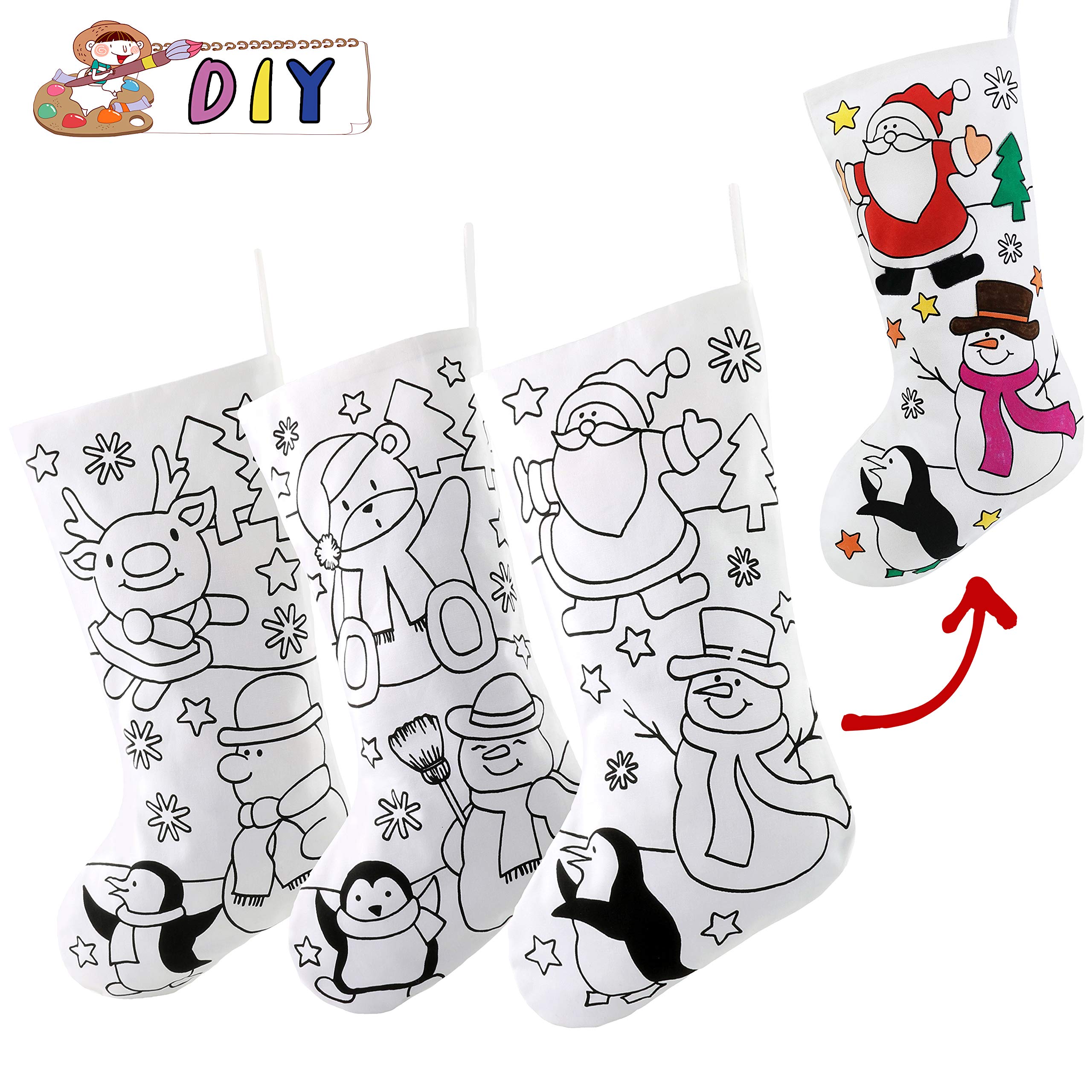 WEWILL 18 Inch DIY Christmas Stockings - Personalized Xmas Stocking Kit for Kids, Family & Friends - Creative Holiday Gift Bag with Santa, Snowman, Reindeer & Penguin Designs - Perfect for Home Decor, Christmas Parties & Festive Family Activities (Set of 3)