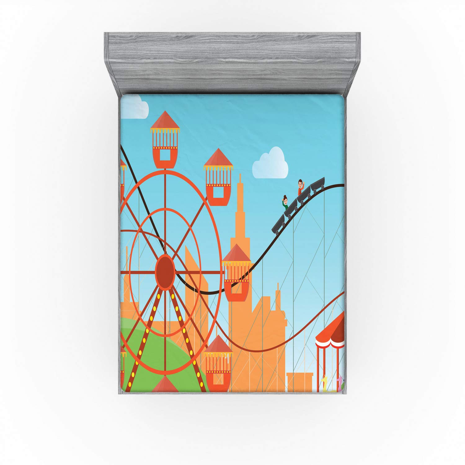 Ambesonne Ferris Wheel Fitted Sheet - Vibrant Carnival Theme with Rollercoaster & Merry-Go-Round Print - Deep Pocket Elastic Queen Size Bed Cover - Perfect for Kids' Rooms, Theme Parties & Cozy Bedrooms