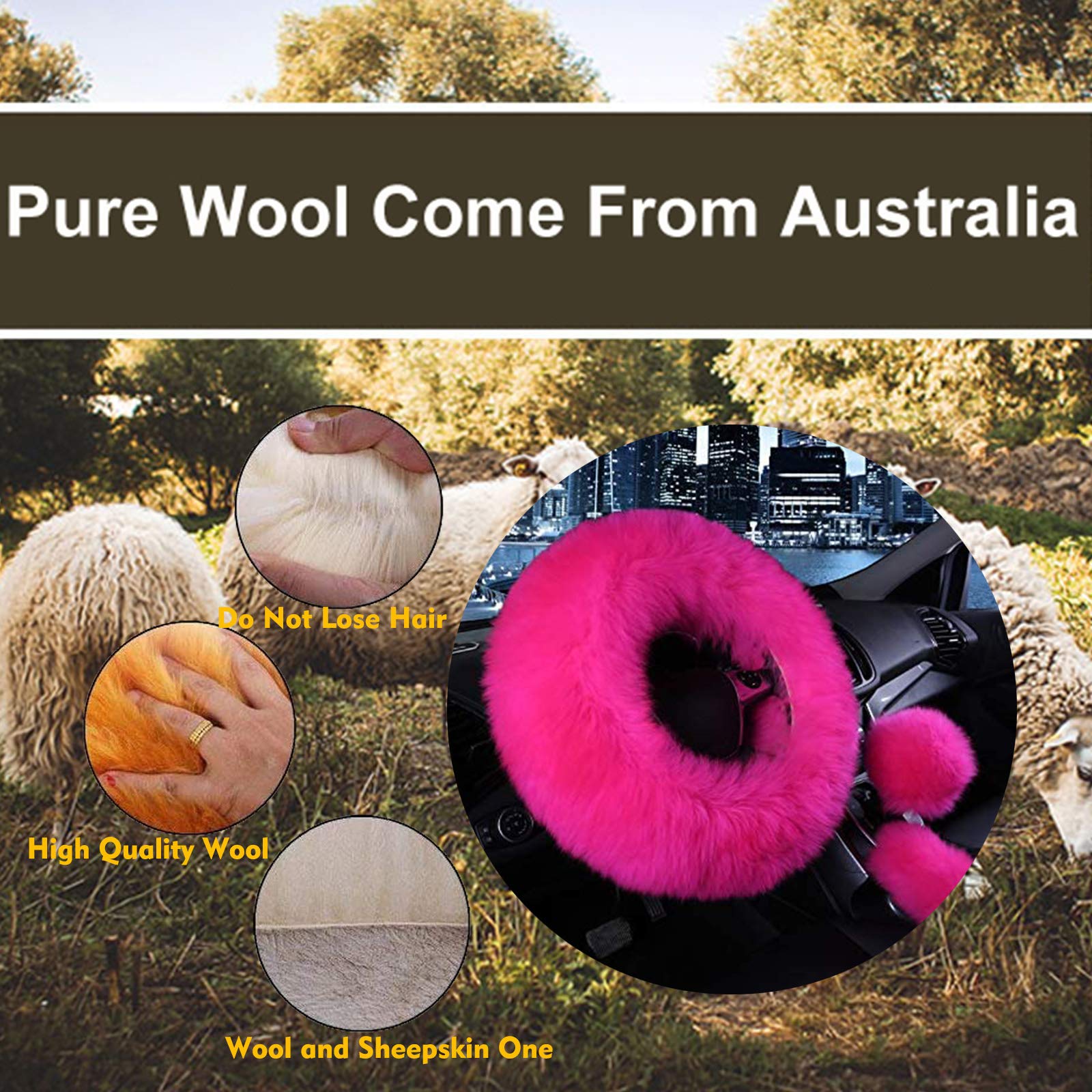 3 Pcs Winter Car Steering Wheel Cover Set - Faux Wool Warm Steering Wheel Cover, Handbrake Cover & Gear Shift Cover (Rose Red) for Cold Weather Driving Comfort