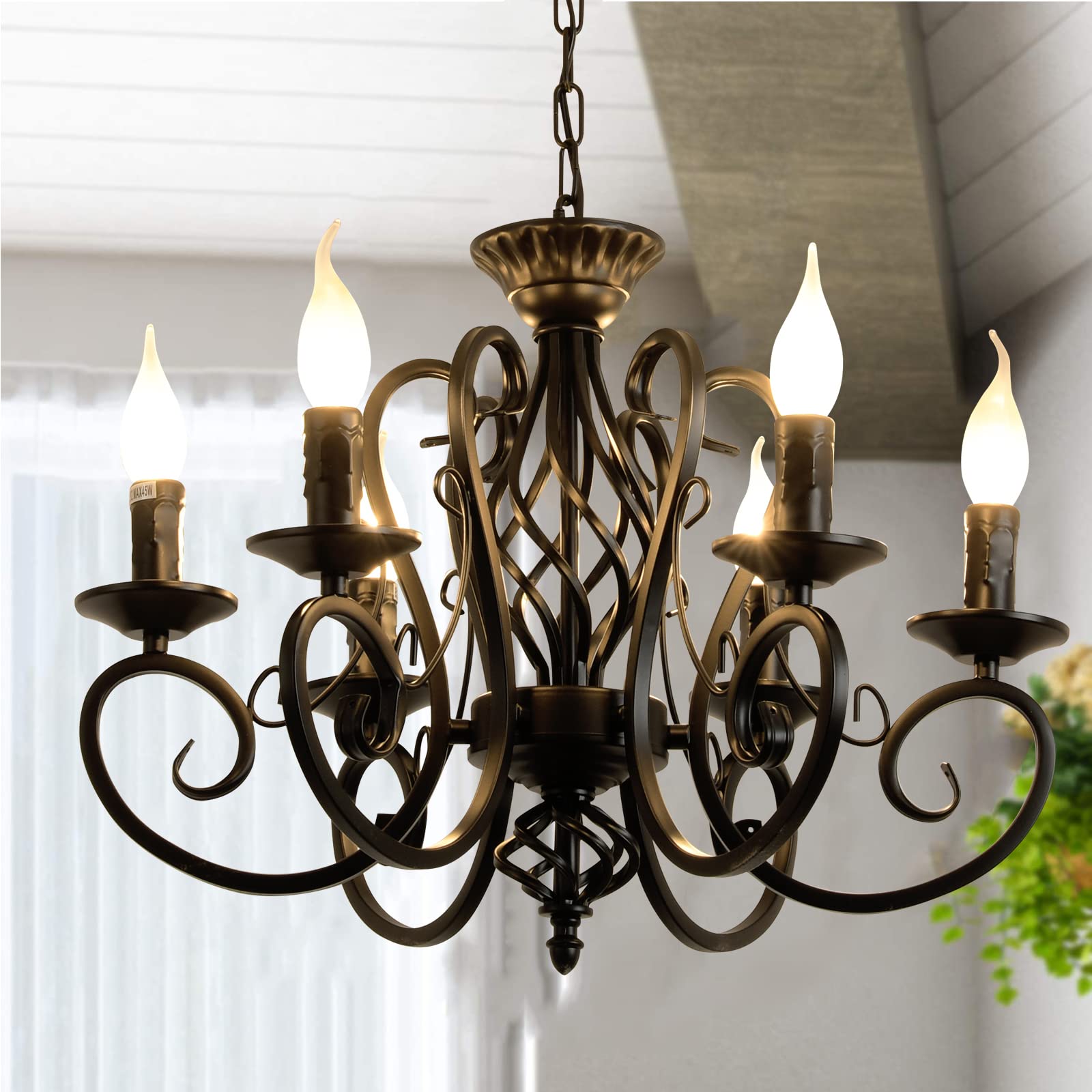 Ganeed Black French Country Chandelier - 6-Light Farmhouse Candle Iron Pendant Light, Vintage Metal Ceiling Fixture for Kitchen Island, Dining Room, Bedroom | Perfect for Rustic, Vintage & Farmhouse Decor