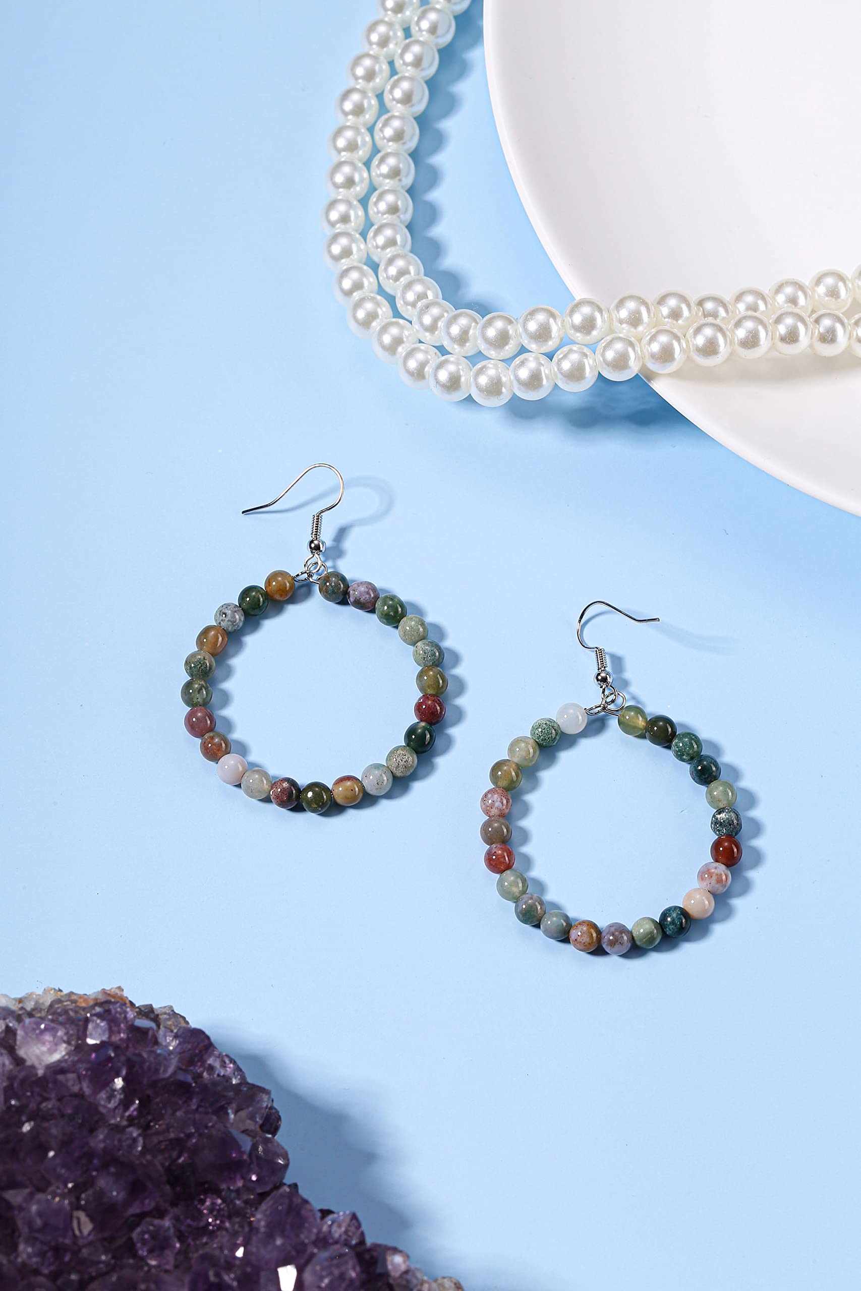 Jovivi Amethyst & Rose Quartz Healing Crystal Beaded Hoop Earrings - Natural Gemstone Dangle Earrings for Women | Reiki Jewelry, Chakra Balancing, Spiritual Gifts | Perfect for Meditation, Yoga & Energy Healing