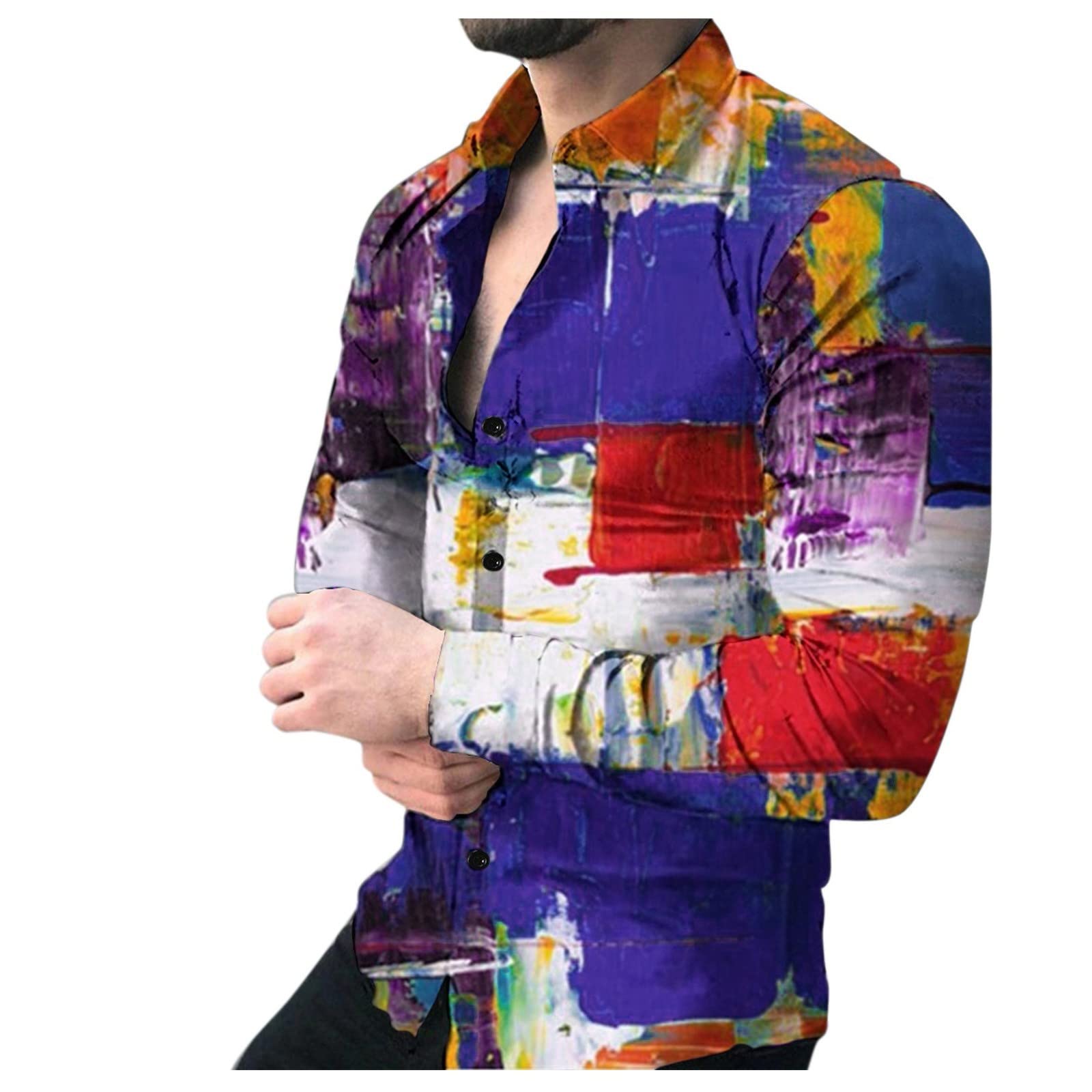 Men's Casual Button Down Shirt with Printed Lapel - Stylish Purple Tee for Work, Date Night & Everyday Wear
