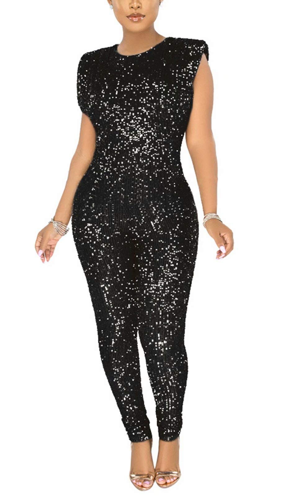 Aro Lora Women's Sexy V-Neck Sequin Mesh Bodycon Jumpsuit - Long Sleeve Party Romper for Nightclub, Cocktail Dresses & Evening Wear