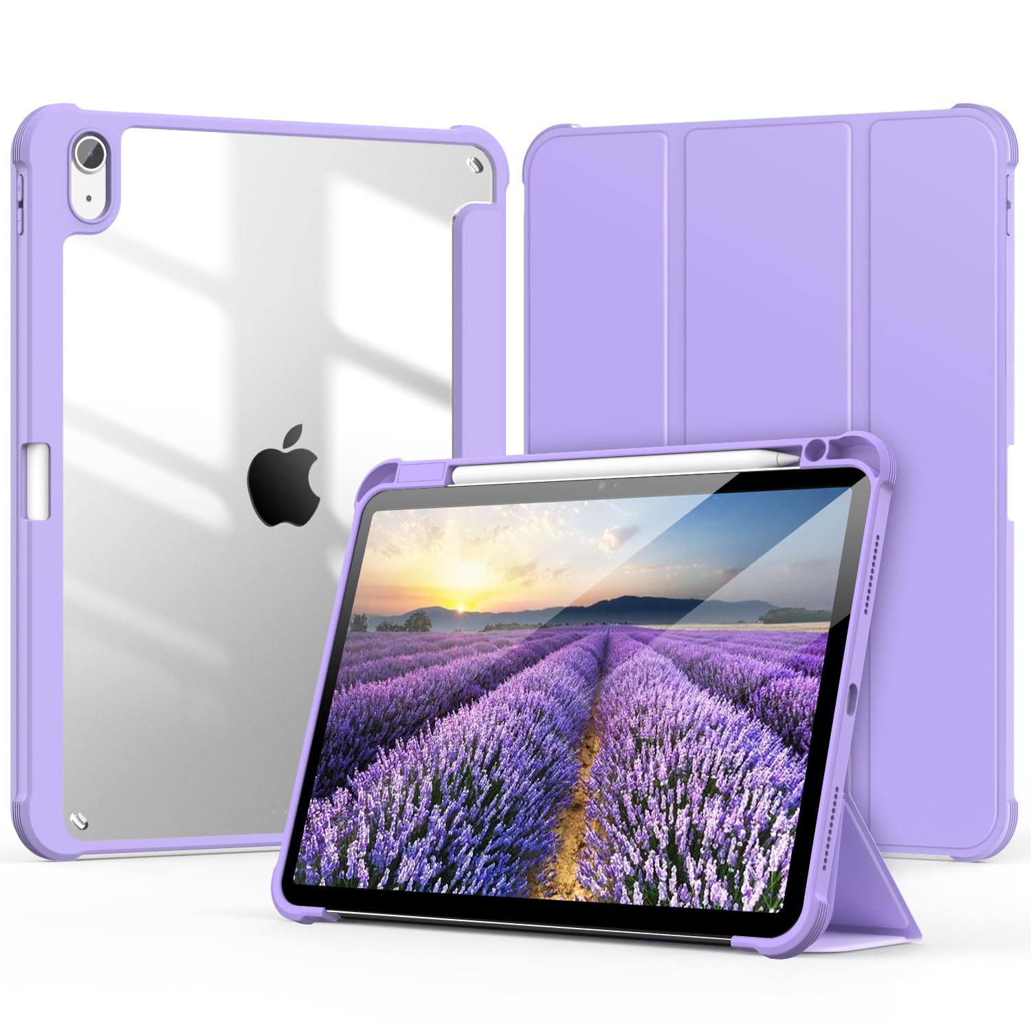 OKP iPad Air 5th/4th Generation Case (2022/2020 Model) - 10.9 Inch Slim Lightweight Trifold Folio Smart Cover with Pencil Holder & Auto Sleep/Wake - Clear Back Light Purple - Perfect for Work, School & Travel