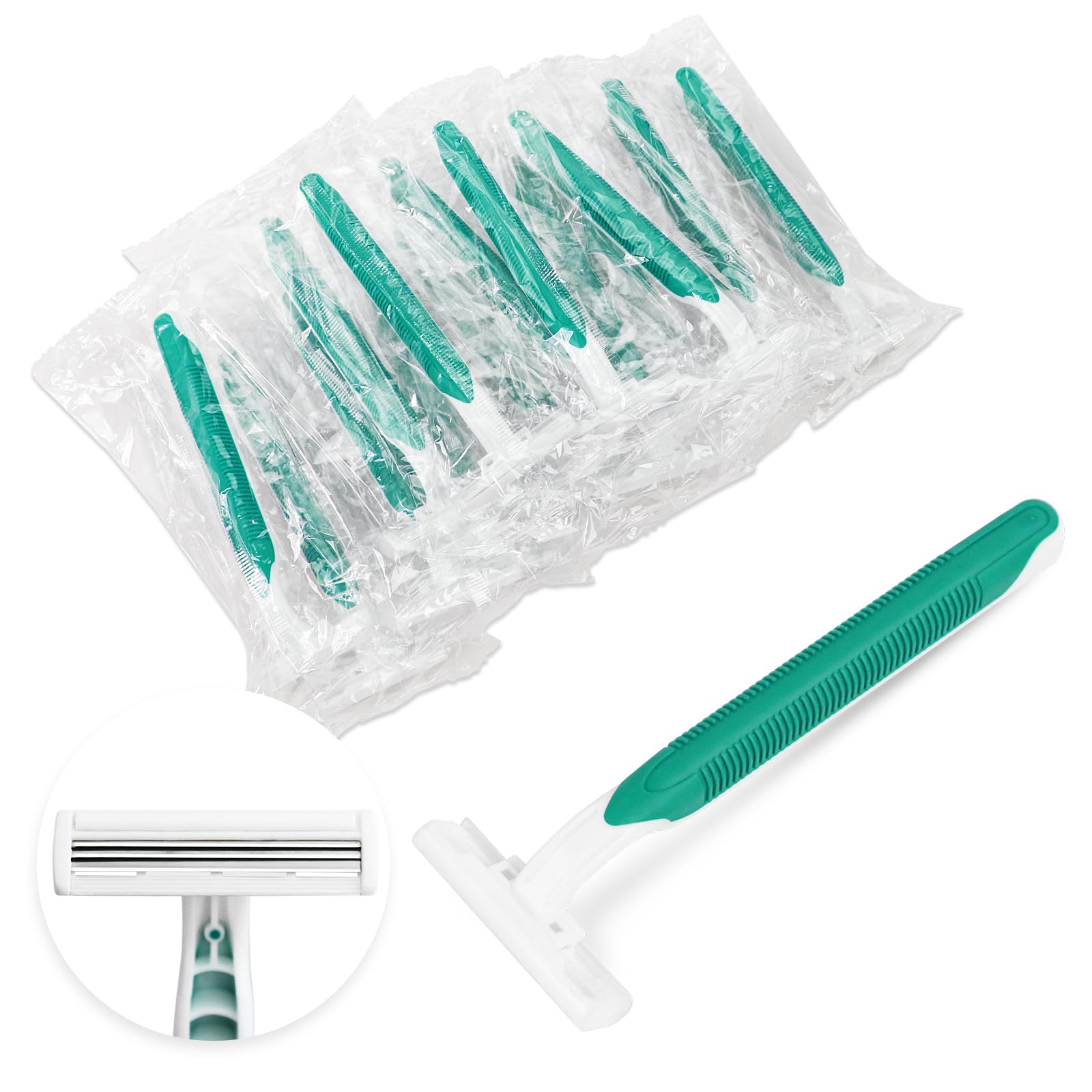 50 Pack Disposable Razors for Men & Women - Bulk Single Use 3 Blade Shaving Razors with Clear Cap - Individually Wrapped for Travel, Hotels, Charity, Airbnb - Perfect for Homeless Shelters, Hospitals & Emergency Kits