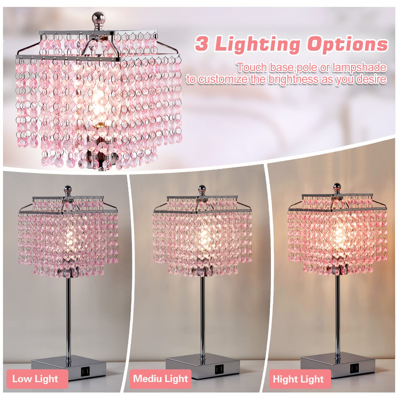 Luvkczc Crystal Floor Lamp with Pack Crystal Table Lamp Set - LED Bulb Included, Pink - Elegant Lighting for Living Room, Bedroom & Office Decor