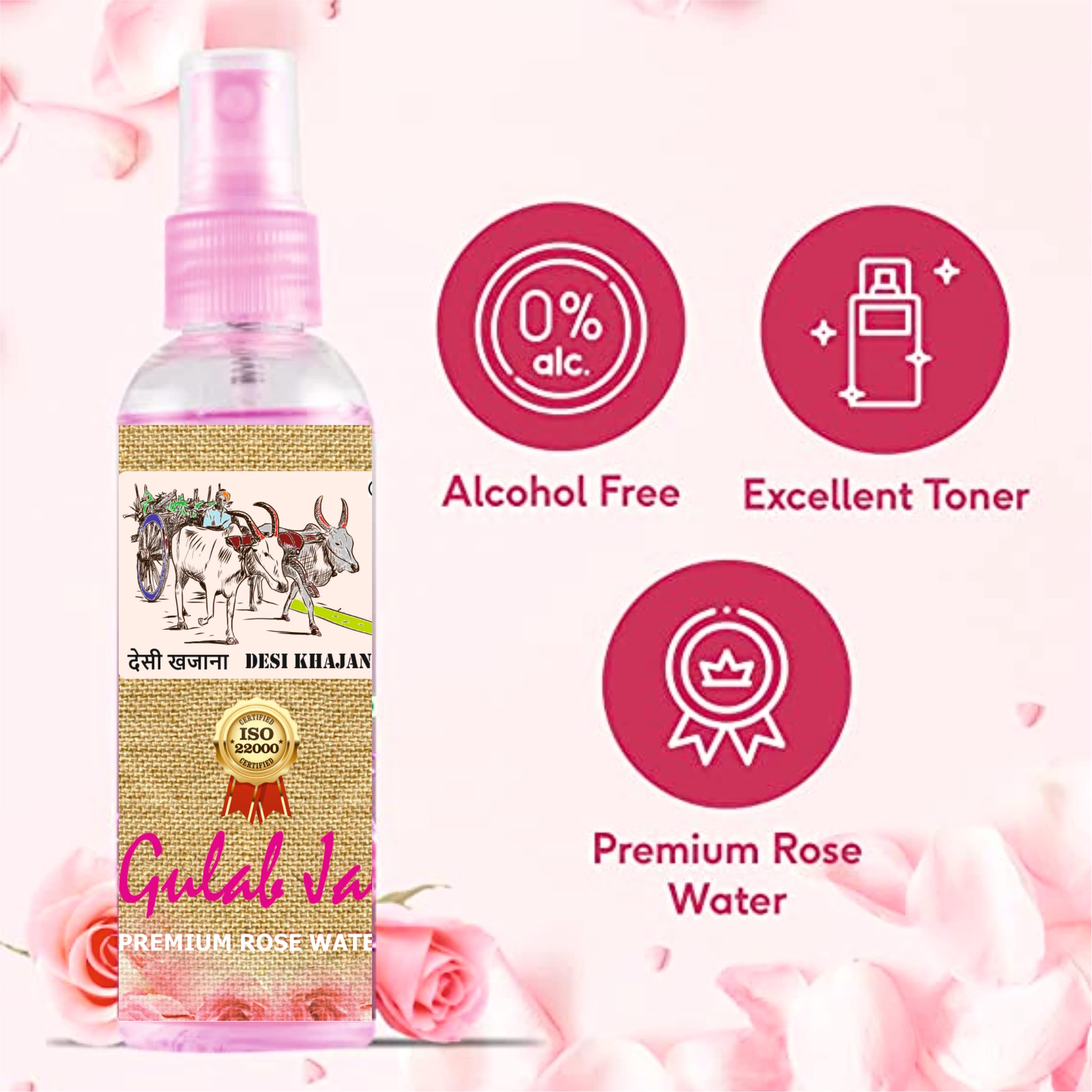 Desi Khajana Pure & Natural Rose Water Mist Spray - 100ml (Set of 3) | Steam Distilled Organic Rosewater from India | Skin Toner, Face Hydration & Eye Wash | Perfect for Skincare Routine, Aromatherapy & Home Spa