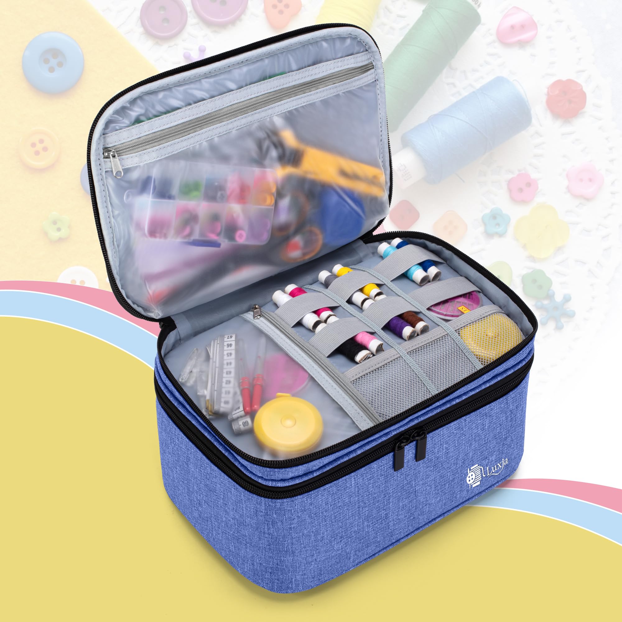 Luxja Double-Layer Sewing Accessories Organizer - Large Dark Blue Storage Case for Needles, Thread, Scissors, Measuring Tape & Sewing Tools | Perfect for Home Sewing, Quilting & Craft Projects