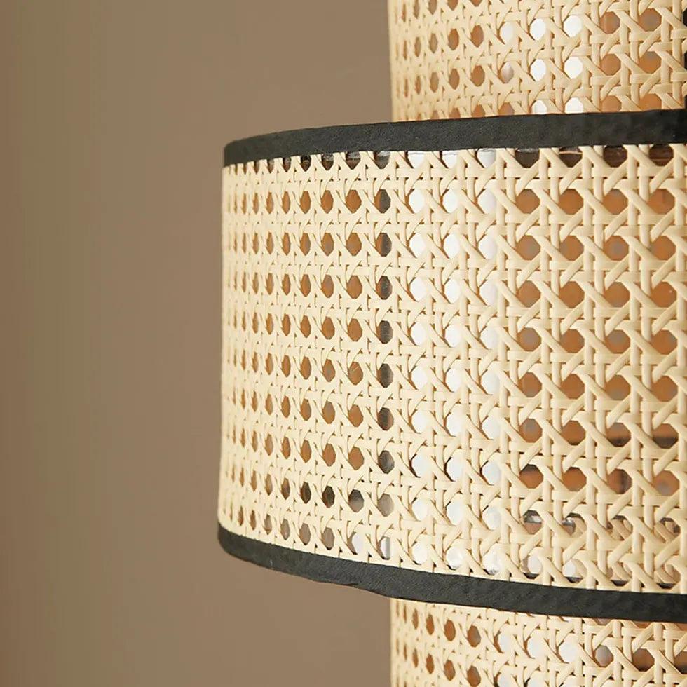 Rattan Double Layer Cylindrical Pendant Light - Natural Woven Hanging Lamp for Dining Room, Kitchen Island & Bedroom Lighting