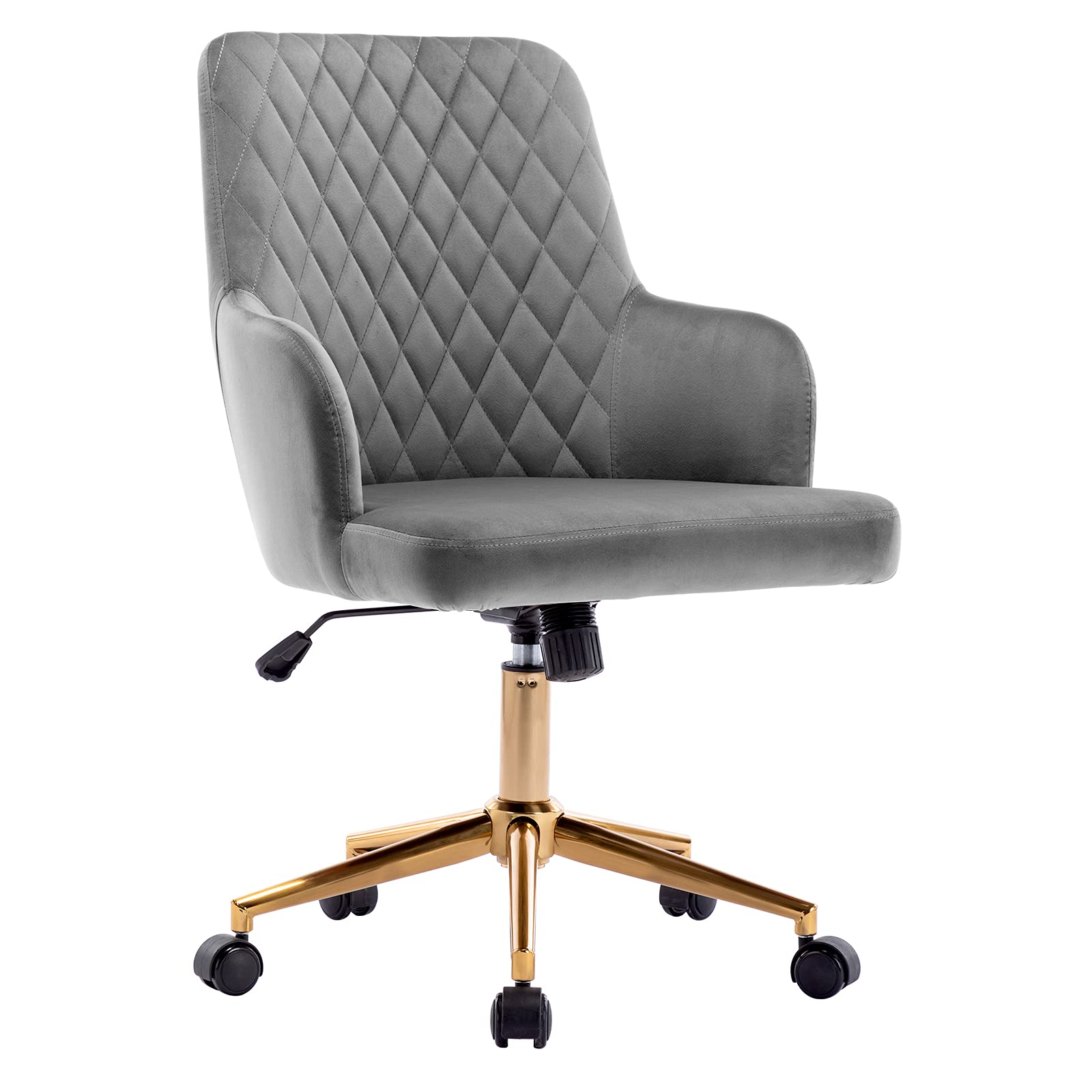 DUHOME Velvet Home Office Chair with Adjustable Arms, Swivel & Wheels - Ergonomic Upholstered Desk Chair for Computer Work, Gaming, Study - Perfect for Office, Living Room & Bedroom - Grey with Golden Base
