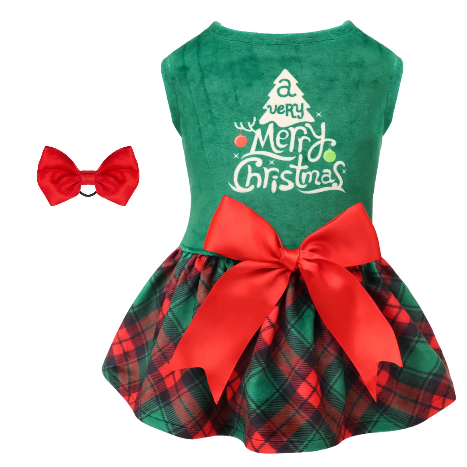 CuteBone Christmas Tree Dog Dress - Velvet Plaid Puppy Clothes for Small Dogs & Girls (Green, XS) - Perfect for Holiday Photos & Festive Parties