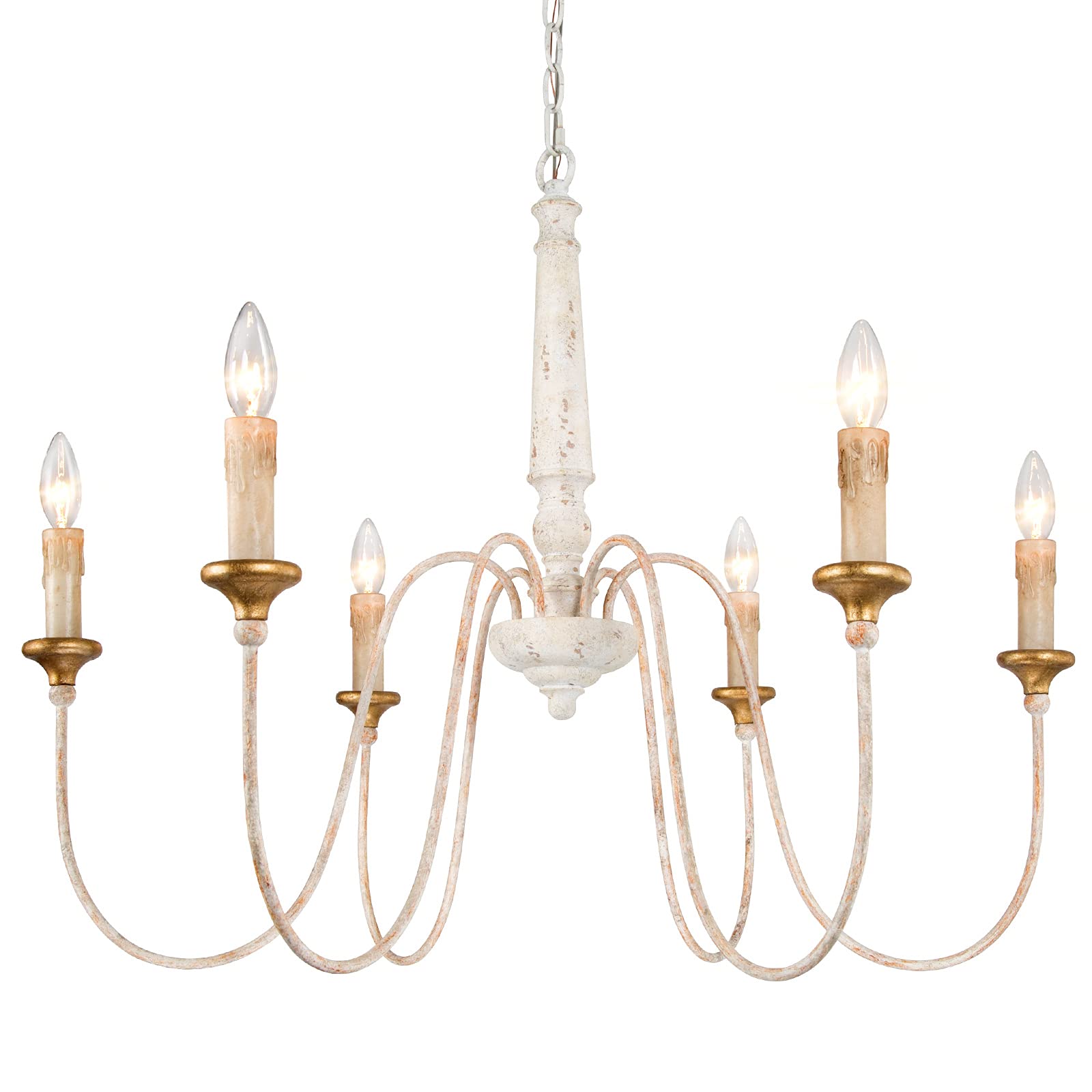 Farmhouse Chandelier - 6-Light French Country Wood Ceiling Light Fixture in Distressed White Finish, 30.5” Diameter x 25.5” Height - Perfect for Dining Room, Living Room, Kitchen Island or Entryway Lighting