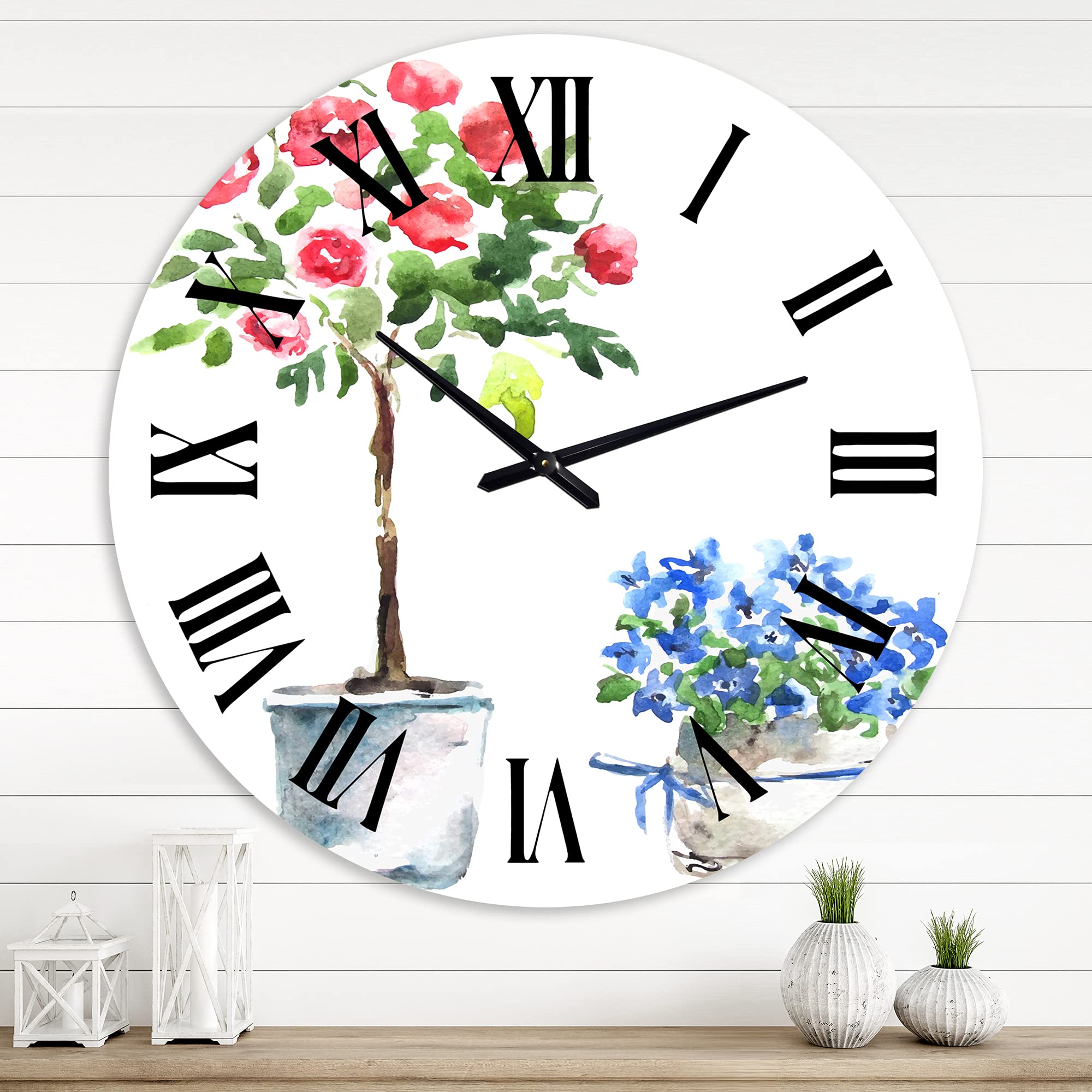 DesignQ Traditional Wall Clock - Blue and Red Houseplants Floral & Botanical Large Wall Decor for Living Room, Bedroom & Office | Perfect Home Décor Gift