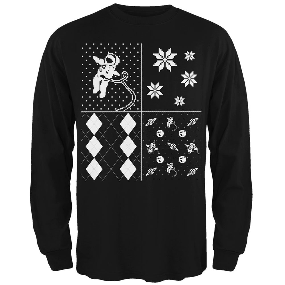 Astronaut in Space Ugly Christmas Sweater - Festive Holiday Block Print Long Sleeve T-Shirt for Adults - Perfect for Ugly Sweater Parties, Christmas Gatherings & Winter Celebrations