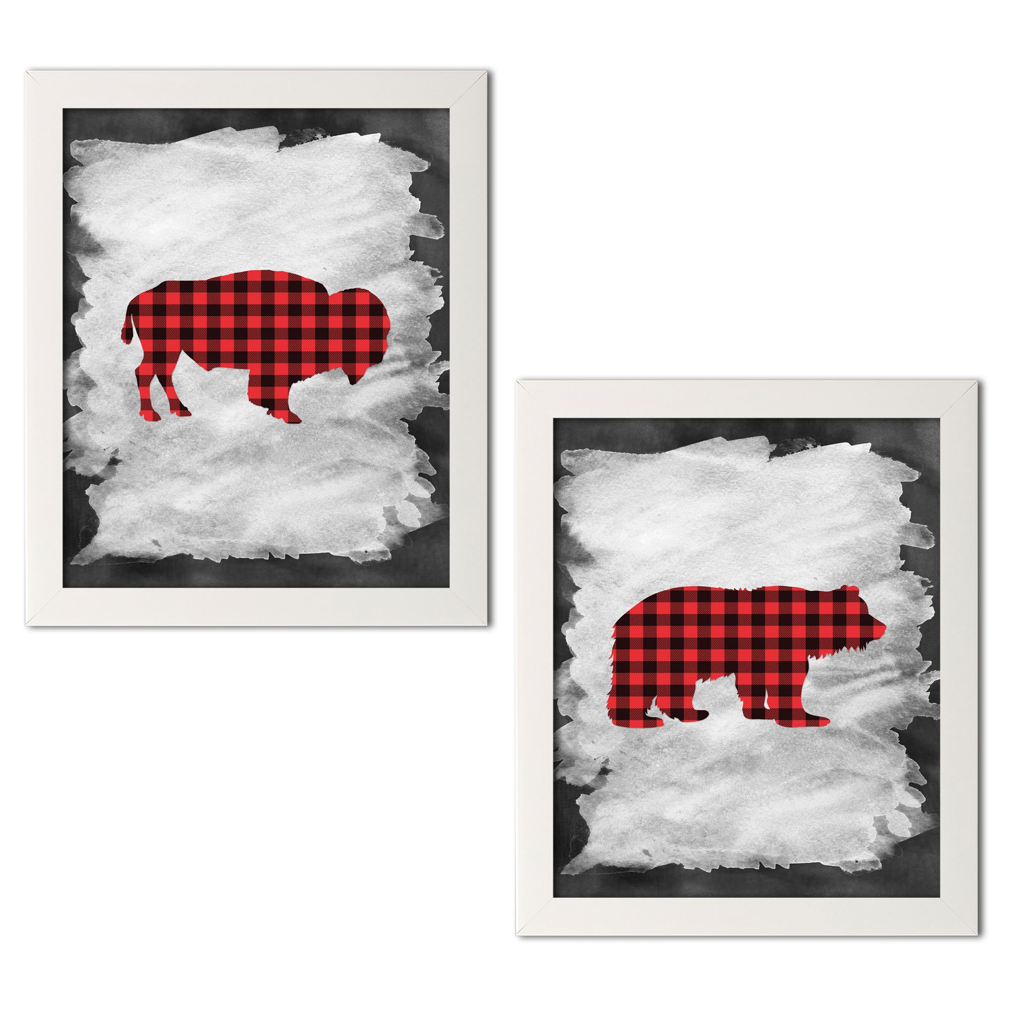 Gango Home Decor Vertical Plaid Bear & Buffalo Wall Art - Set of 2 White Framed Prints 11x14 Inches by Tara Moss - Ready to Hang for Living Room, Bedroom or Office Decor