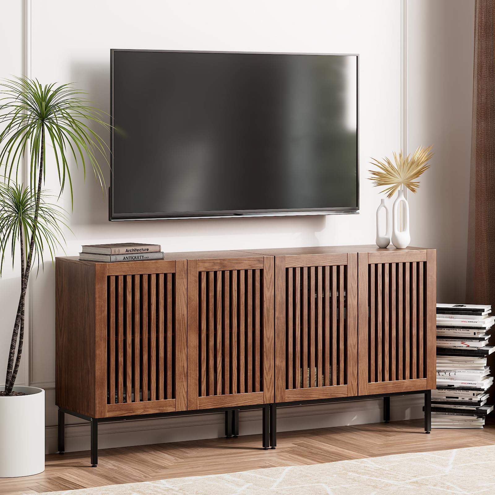 Farmhouse TV Stand for 70 Inch TVs - 2-in-1 Entertainment Center with Storage Cabinets & Metal Base - Rustic Brown Media Console for Living Room - Perfect for Home Theater Setup & Living Room Organization