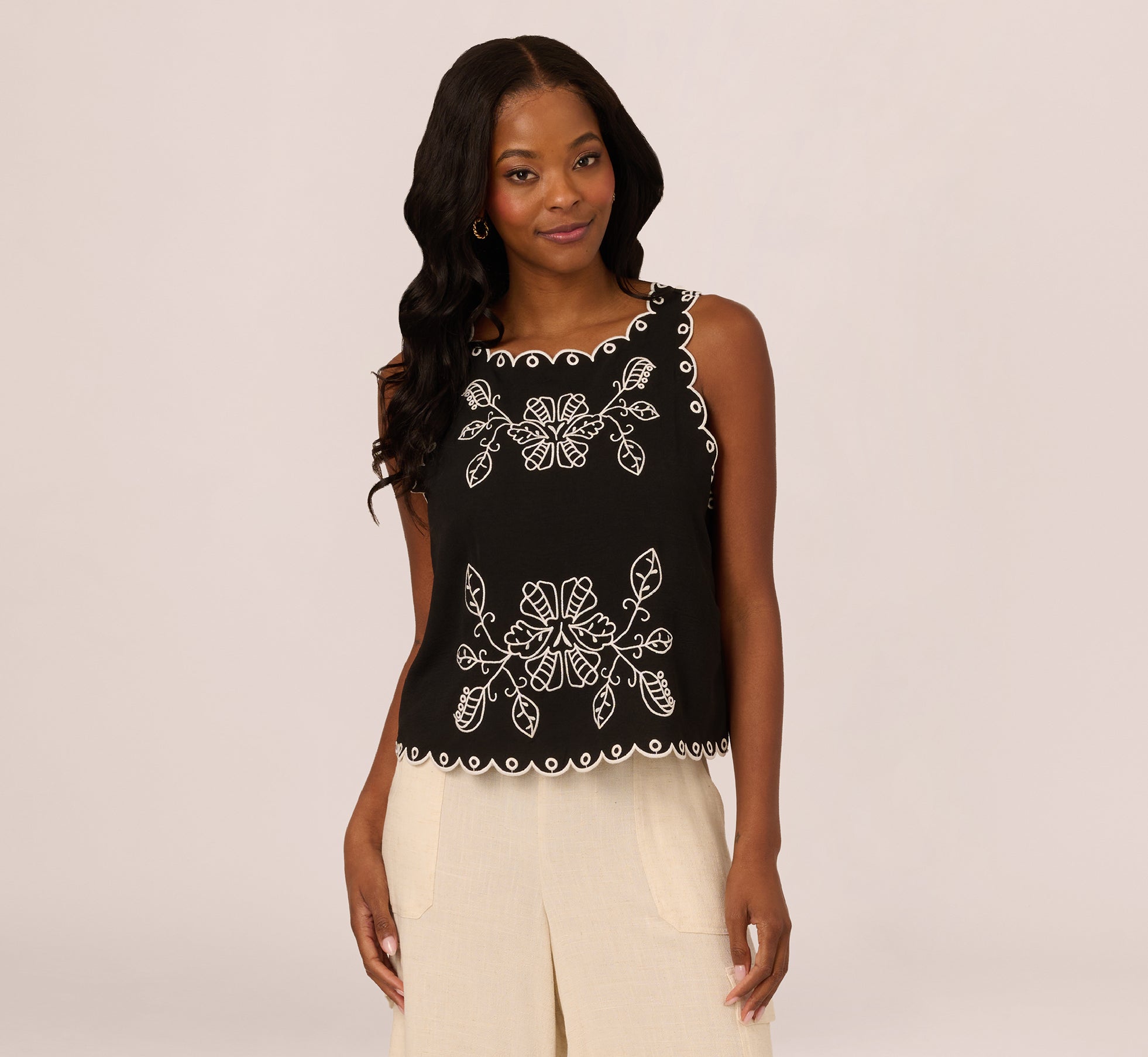 Women's Sleeveless Cropped Floral Embroidered Blouse - Black & Ivory Summer Tops for Casual Wear, Beach Outfits & Date Nights