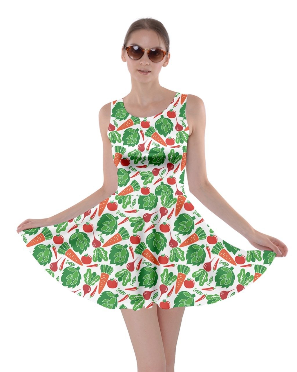 CowCow Women's Reversible Skater Dress - Vegetable Print & Floral Pattern (Tomato, Carrot, Onion Design) - Size XS to 5XL - Perfect for Casual Wear, Summer Outfits, and Garden Parties