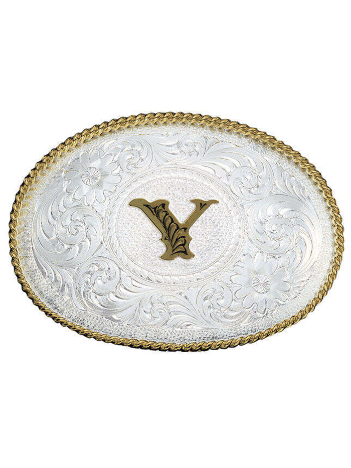 Montana Silversmiths 700 Initial Silver Engraved Gold Trim Western Belt Buckle for Men & Women - Perfect for Cowboy Boots, Jeans & Western Outfits