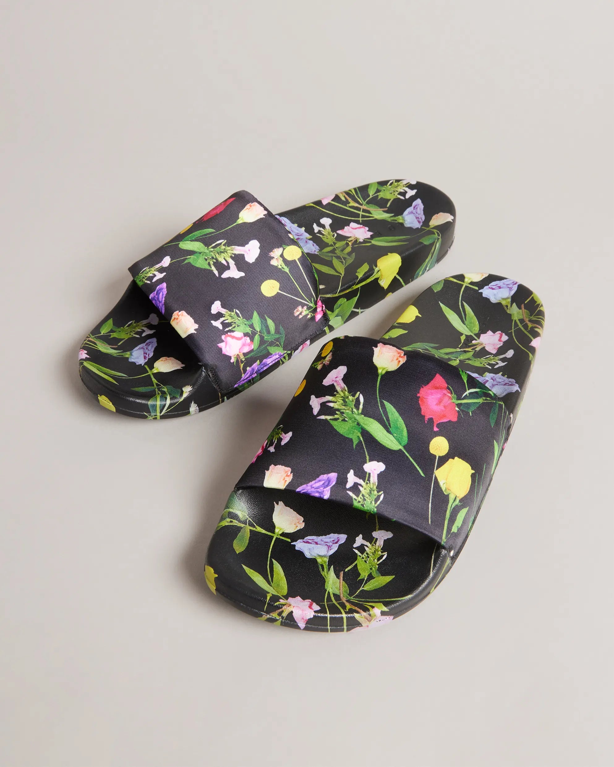 Azzi Floral Printed Satin Sliders for Women - Black Comfortable Slide Sandals for Summer, Beach, and Home Wear