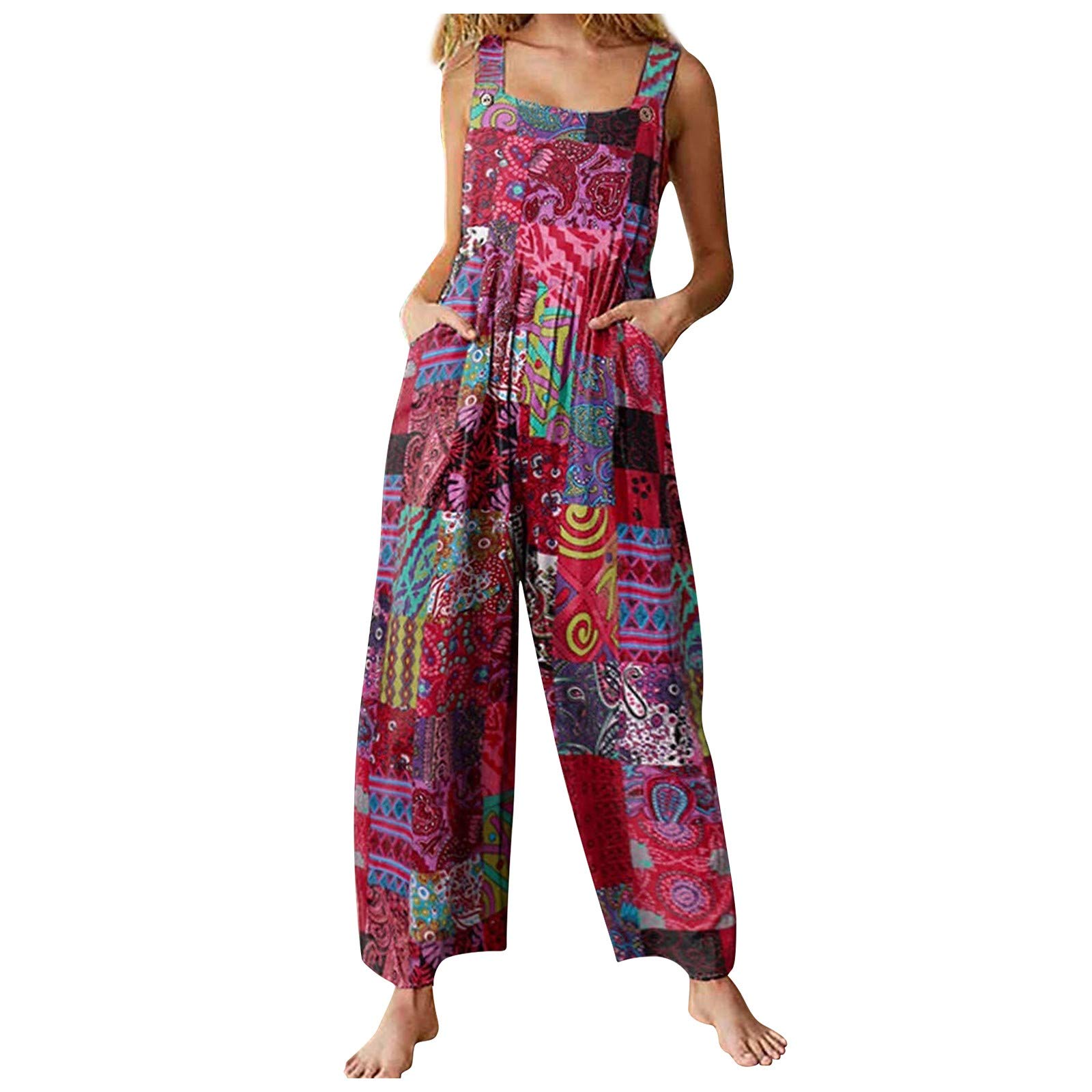 Vintage Women's Suspender Jumpsuit with Buttons - Ethnic Patchwork Printed Fashion Beach Romper for Women | Perfect for Summer Vacations, Beach Outings, and Casual Wear