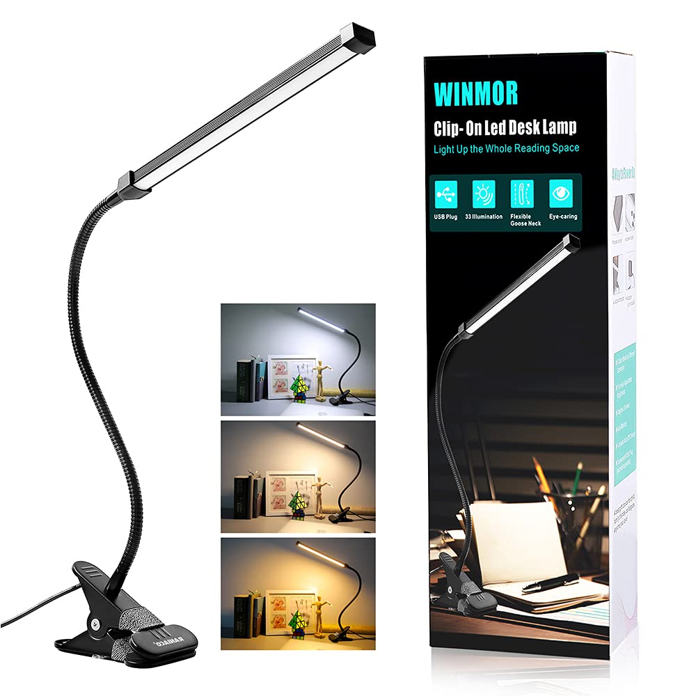 Morw Winmor LED Clip On Desk Lamp - 3 Colors & 11 Brightness Levels, 64 LED 10W USB Reading Light with Stepless Dimmer & Auto Off - Perfect for Home Office, Bedside, Computer Desk, and Book Reading