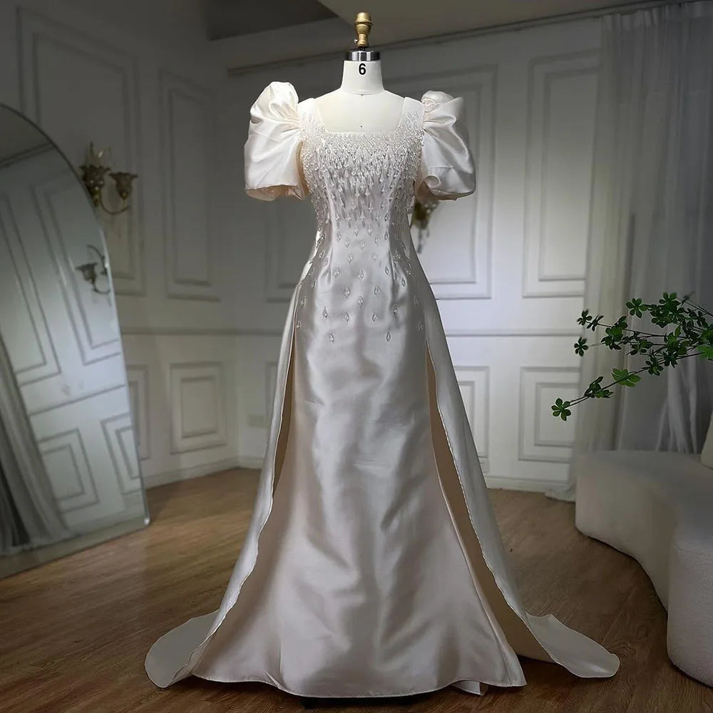 Elegant Ivory Satin Mermaid Evening Dress with Puff Sleeves & Crystal Beading - Women's Formal Gown for Weddings, Parties & Special Occasions | Perfect for Bridal Showers, Prom & Black Tie Events