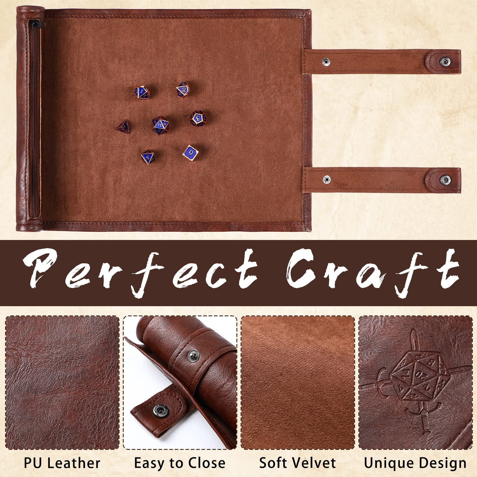 Premium PU Leather Dice Rolling Mat with Zipper & Folding Scroll Design - Portable Dice Tray & Storage Bag for Tabletop RPGs, Board Games, and Christmas Party Accessories (Brown, 1 Piece) - Perfect for D&D, MTG, Yahtzee & Game Nights