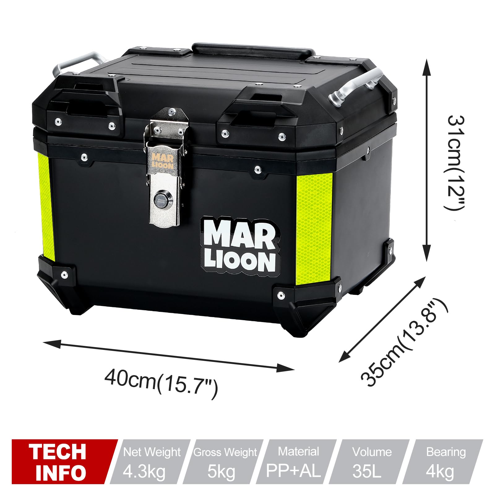 35L Universal Motorcycle Top Case - Quick Release Mounting Plate, Waterproof Scooter Tail Box for Helmet & Luggage Storage - Durable Black Tour Trunk for Commuting, Travel & Adventure Rides