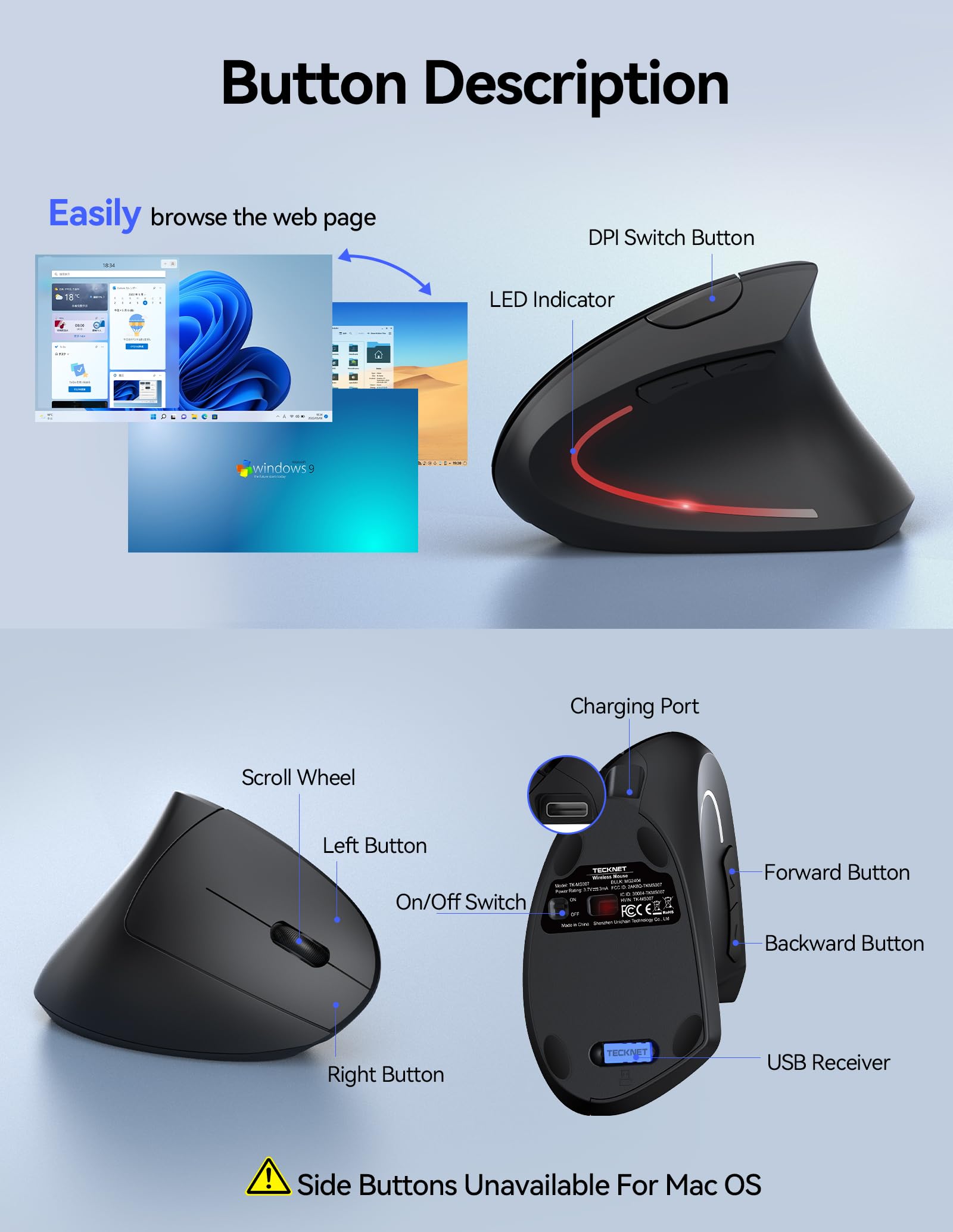 TECKNET Wireless Ergonomic Mouse - Rechargeable Vertical Mouse for Right Hand, Silent Click, 4800 DPI Adjustable, 2.4GHz USB for Laptop, Computer, MacBook & Desktop - Perfect for Office Work, Gaming & Reducing Carpal Tunnel Pain