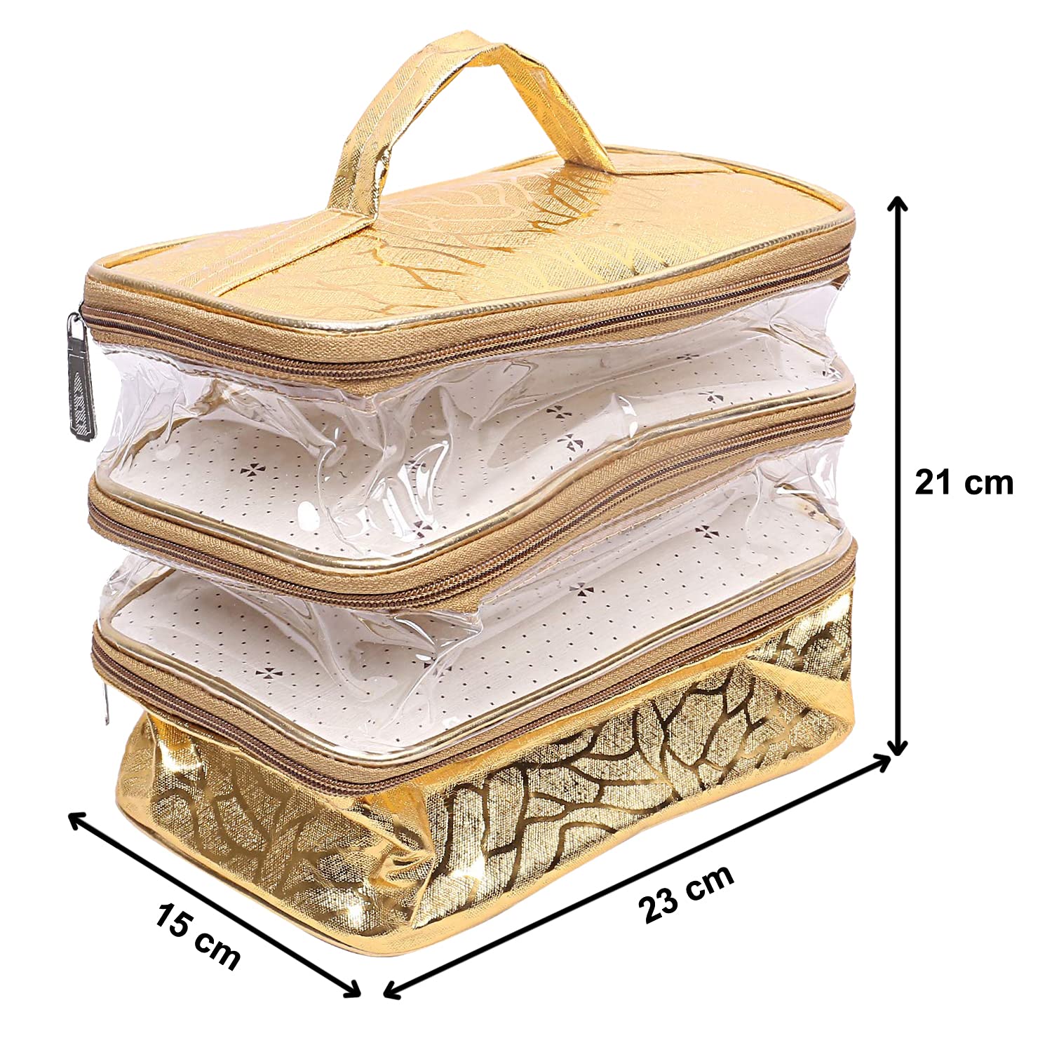 Kuber Industries 3 Layer Cosmetic Bag for Women | Waterproof Travel Toiletry Organizer | Makeup Pouch with Multiple Compartments (Gold) - Perfect for Travel, Gym, and Daily Beauty Essentials Storage