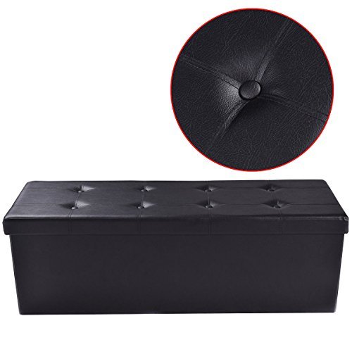 Folding Storage Ottoman Bench - Large Faux Leather Foot Rest Pouffe with Hidden Storage, Black | Perfect for Living Room, Bedroom & Home Organization