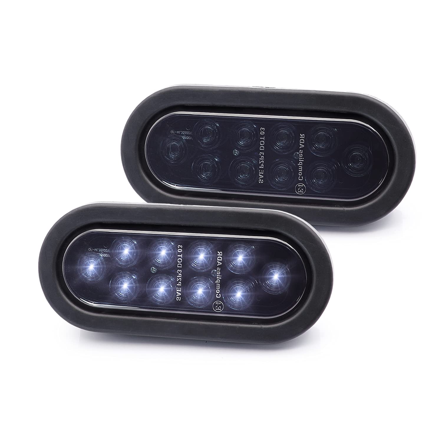 2 Pack 6 Inch Oval Smoked Lens White 10 LED Reverse Backup Lights with 3 Prong Plug - Waterproof 12V DC for Trailers, Trucks, RVs, Boats & Vans - Perfect for Nighttime Parking and Low Visibility Conditions