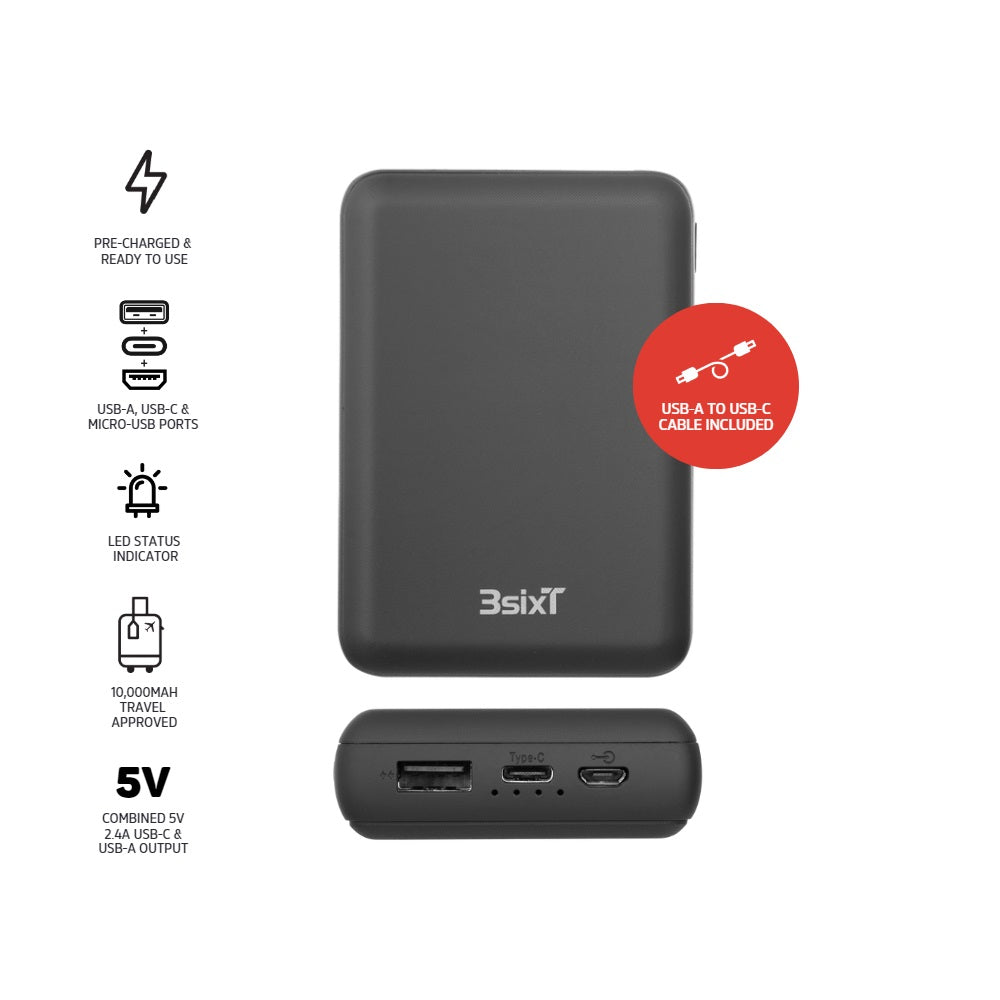 3sixT JetPak Basix 2.0 10000mAh Portable Charger Power Bank - Fast Charging for iPhone, Android, Tablets - Perfect for Travel, Camping & Emergency Backup