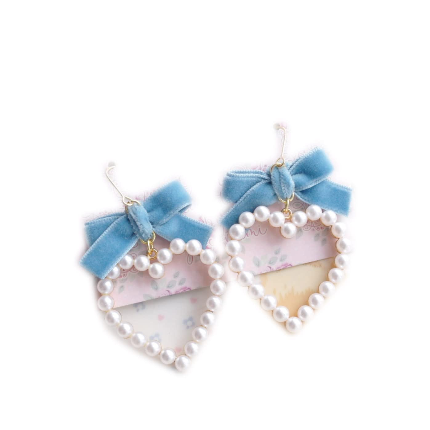 Blue Velvet Bow Pearl Heart Earrings - Dangle & Clip On Romantic Angelic Jewelry for Women | Perfect for Valentine's Day, Weddings & Date Nights