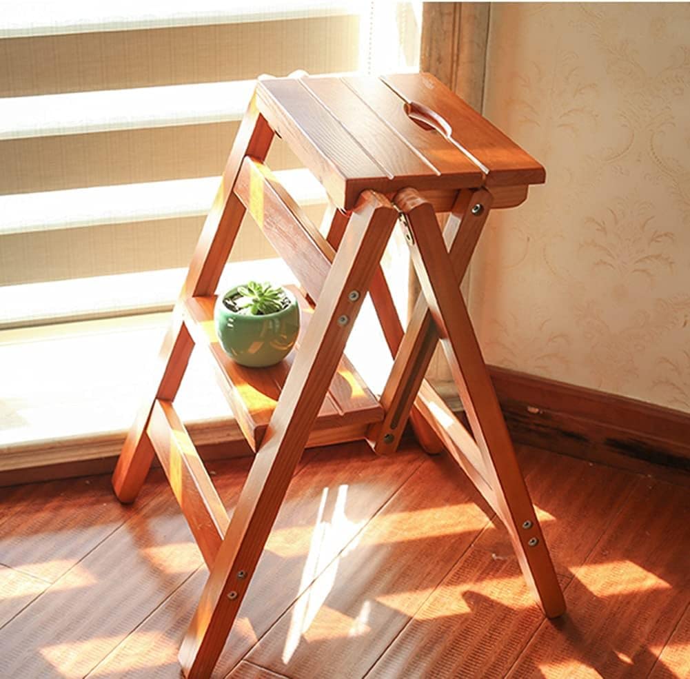 OKUOKA 3-Step Folding Wooden Ladder Stool - Multifunctional Step Stool for Home, Library, Bedroom & Living Room - Compact Storage, Easy to Carry - Perfect for Reaching High Shelves, Decorating & Organizing