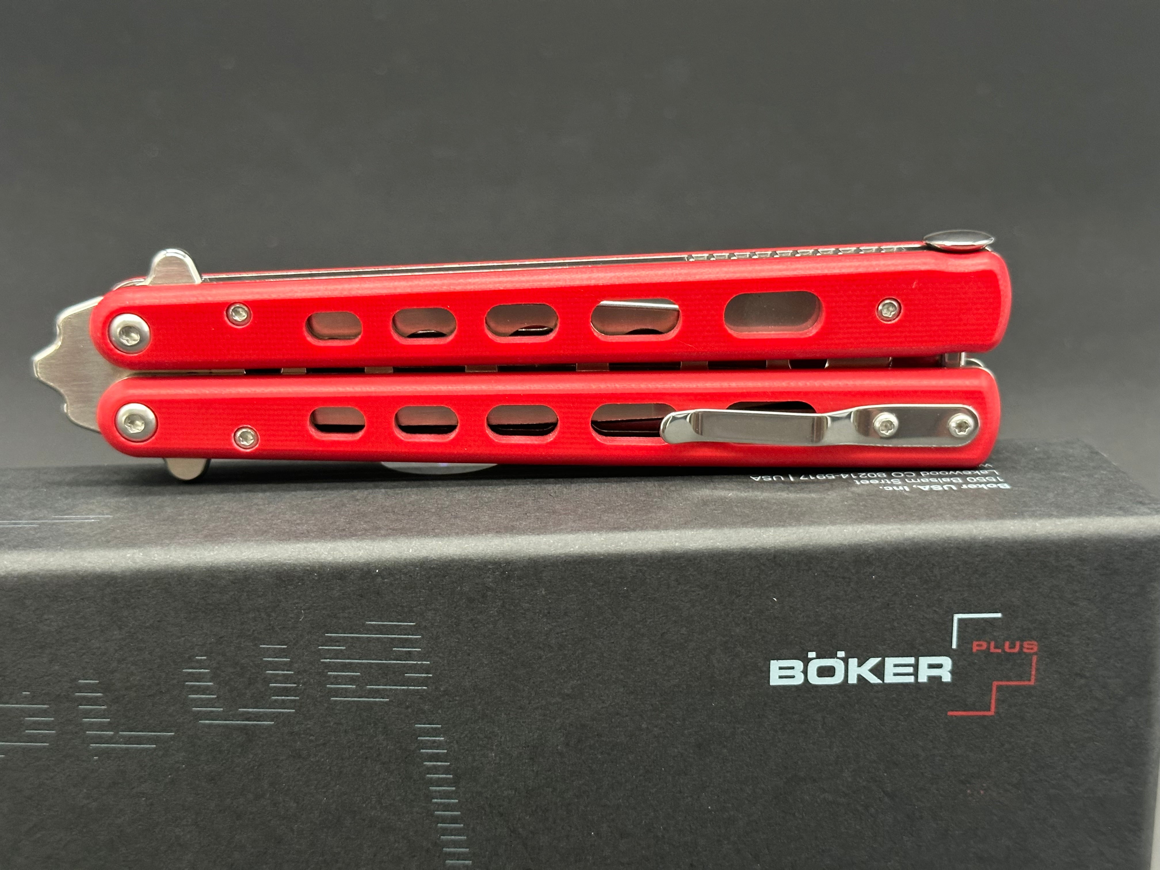 Boker Plus 01BO712 Butterfly Knife Trainer with Red G10 Handle - Safe Practice Tool for Beginners, Flipping Tricks & EDC Training