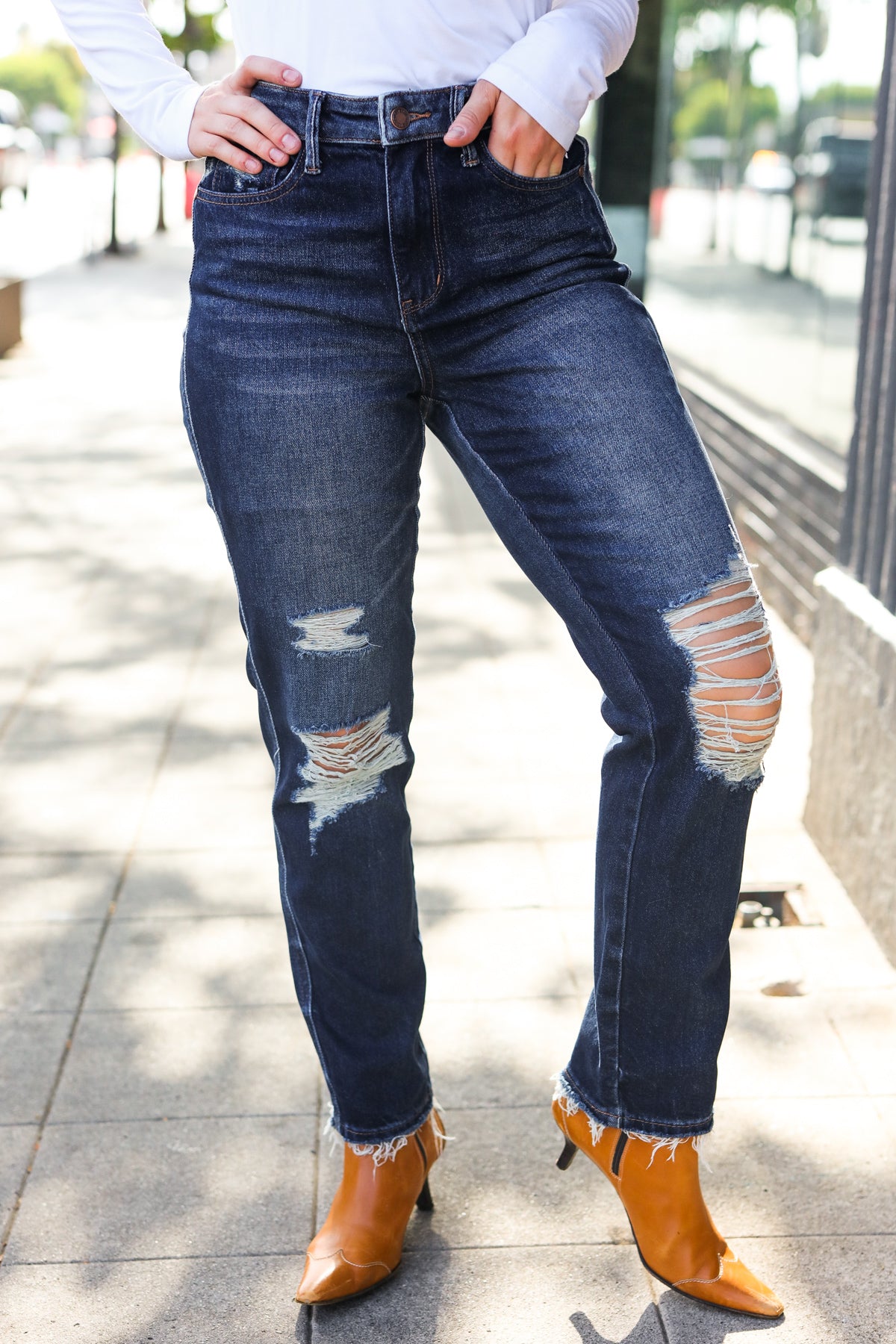 Judy Blue Women's Dark Wash Mid Rise Distressed Straight Leg Jeans - Comfortable & Stylish for Casual Wear, Work & Everyday Outfits