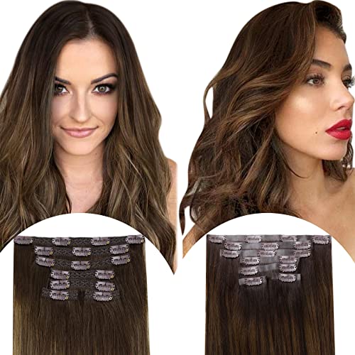 Vivien Brown Balayage Hair Extensions 20 Inch - Real Human Hair Clip-Ins, Dark Brown to Light Brown Ombre, Soft Straight Hair, 7-Piece Set for Everyday Styling & Special Occasions