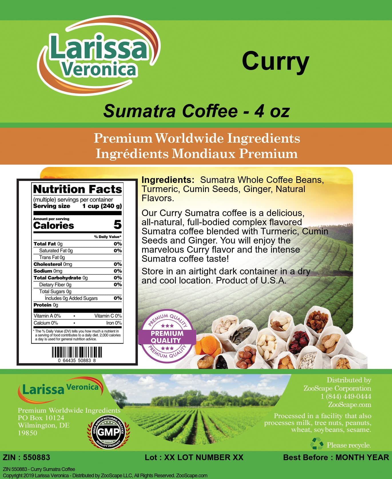 **Sumatra Coffee Beans - Premium Gourmet Whole Bean Coffee, Naturally Flavored, 4 oz Bag - Perfect for Home Brewing, Office, or Gifting (ZIN: 550883)**